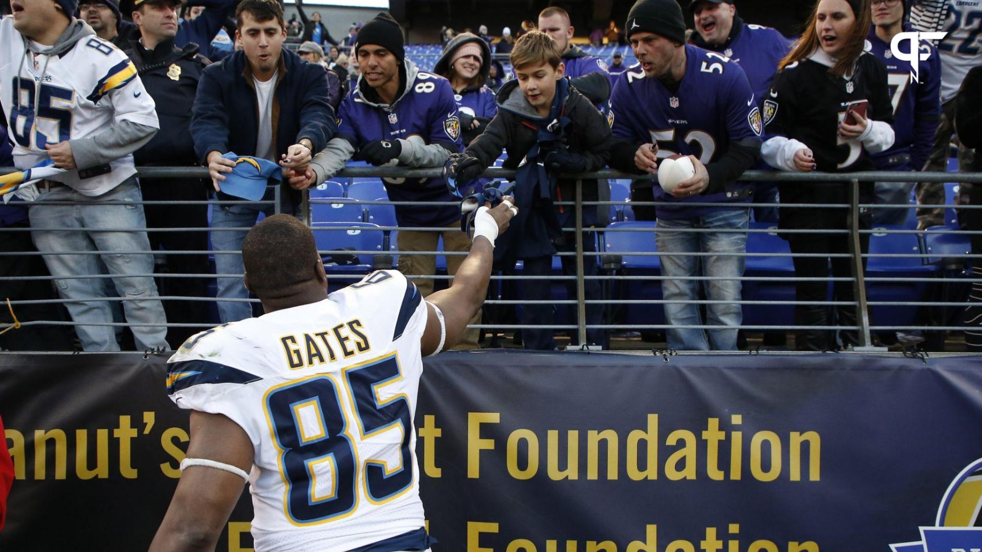 Los Angeles Chargers tight end Antonio Gates (85) hands his gloves to a fan in the stands after the Chargers' game against the Baltimore Ravens in a AFC Wild Card playoff football game at M&T Bank Sta...