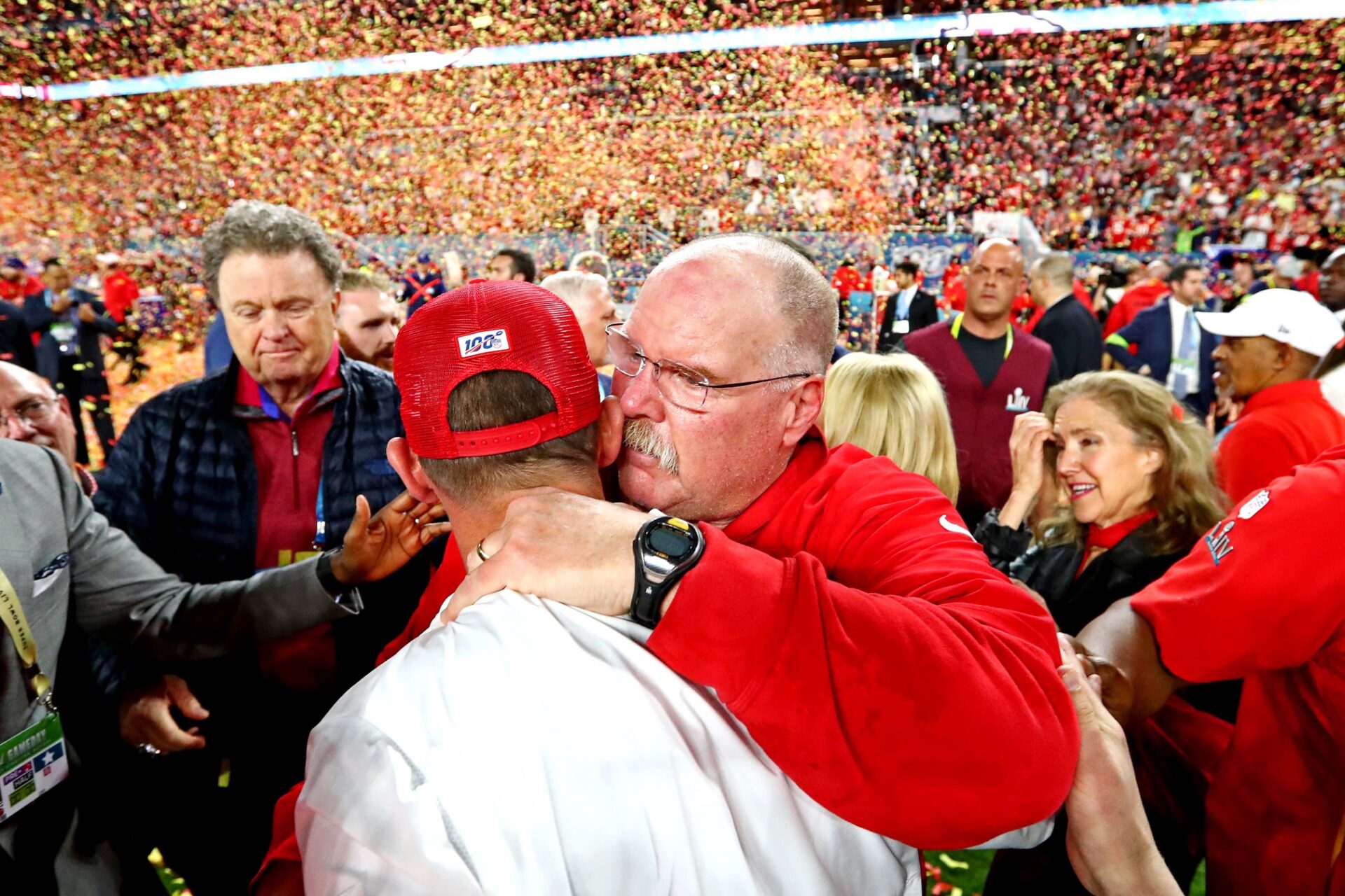 Kansas City Chiefs head coach Andy Reid greets San Francisco 49ers head coach Kyle Shanahan after Super Bowl LIV at Hard Rock Stadium.