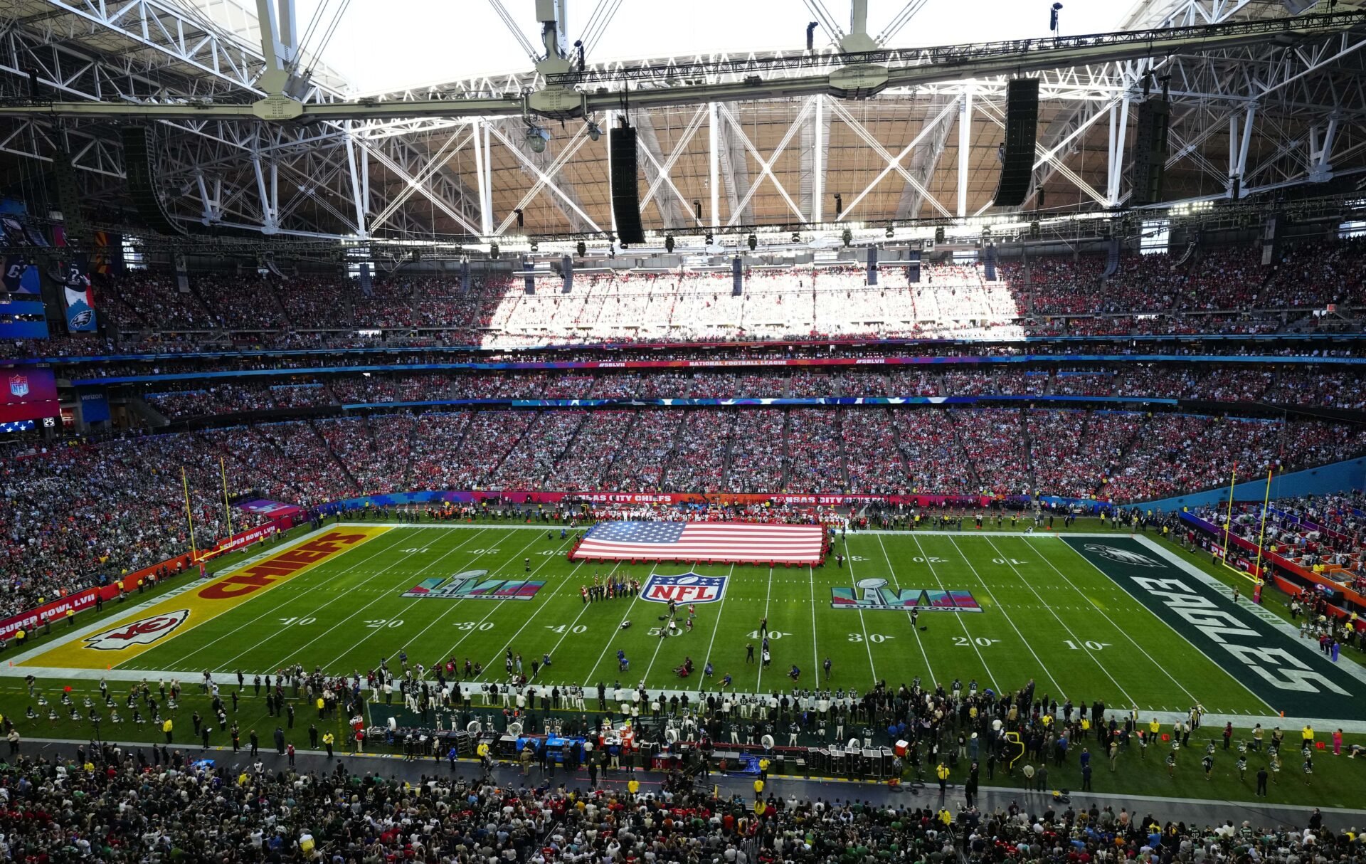 A general view during the playing of the national anthem before Super Bowl LVII between the Kansas City Chiefs and Philadelphia Eagles.