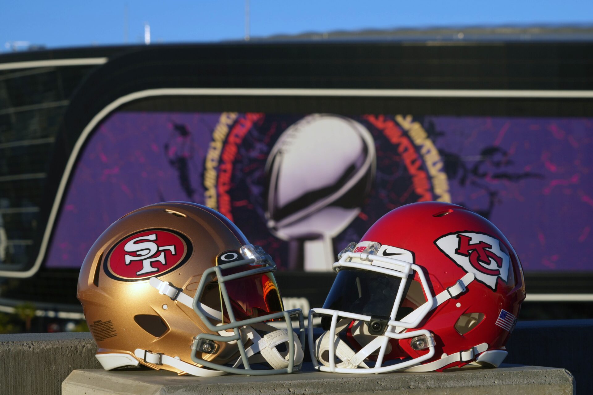 San Francisco 49ers and Kansas Chiefs helmets outside of Allegiant Stadium in Las Vegas.