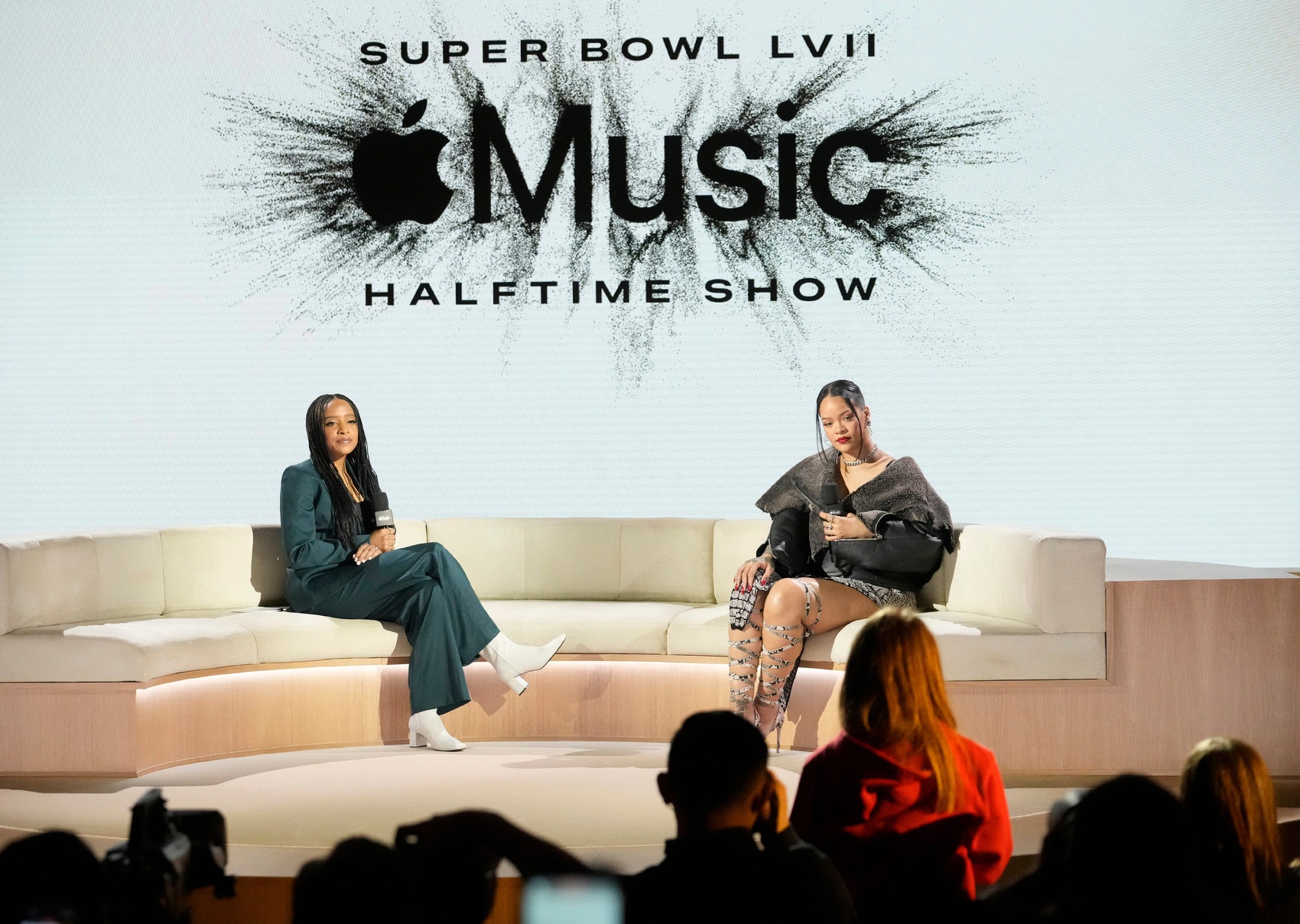 Apple Music Super Bowl LVII Halftime Show talent Rihanna participates in a moderated conversation with Apple Music Radio s Nadeska Alexis during a news conference in Phoenix on Feb. 9, 2023. News Apple Music Super Bowl Halftime Show Press Conference