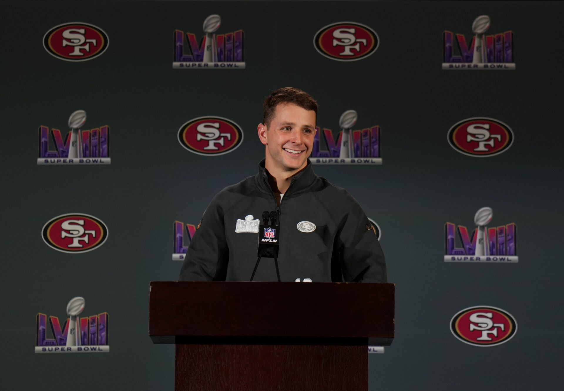 San Francisco 49ers quarterback Brock Purdy (13) speaks during a press conference before Super Bowl LVIII at Hilton Lake Las Vegas Resort and Spa.