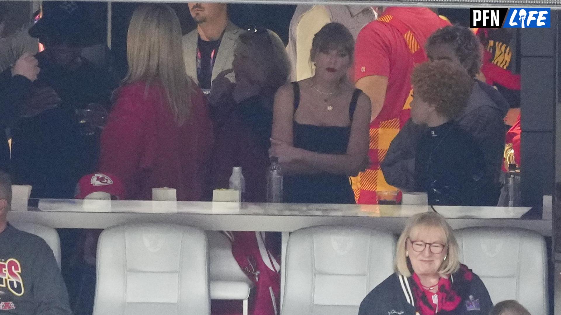 Recording artist Taylor Swift, looks on before Super Bowl LVIII between Kansas City Chiefs and San Francisco 49ers at Allegiant Stadium.
