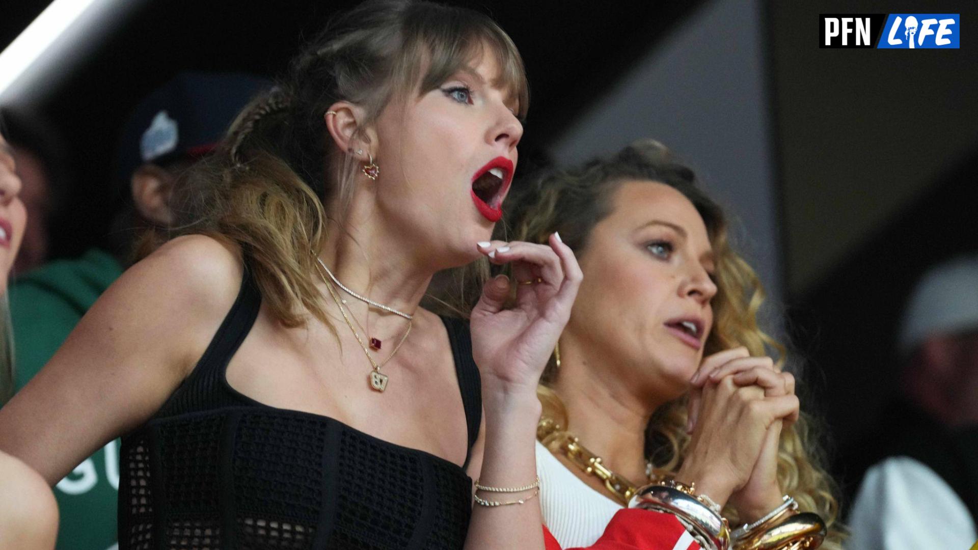 Recording artist Taylor Swift reacts during the first quarter of Super Bowl LVIII between Kansas City Chiefs and San Francisco 49ers at Allegiant Stadium.
