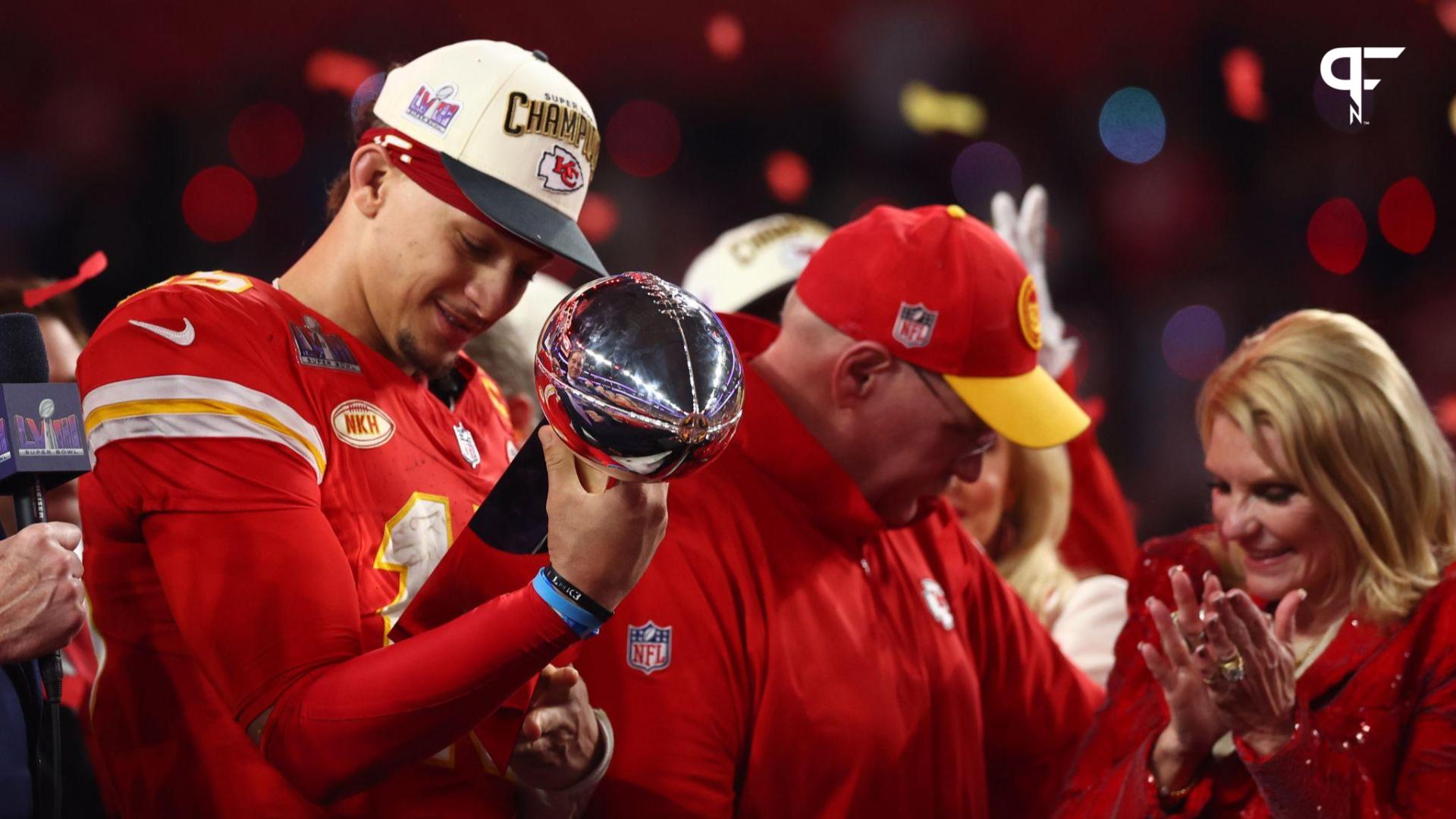 Kansas City Chiefs quarterback Patrick Mahomes (15) celebrates with the Vince Lombardi Trophy after defeating the San Francisco 49ers in Super Bowl LVIII at Allegiant Stadium.