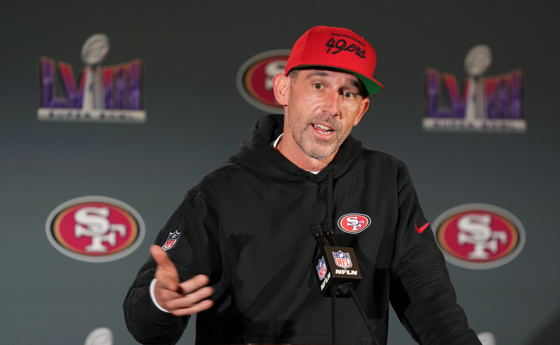 San Francisco 49ers head coach Kyle Shanahan speaks during a press conference before Super Bowl LVIII at Hilton Lake Las Vegas Resort and Spa.