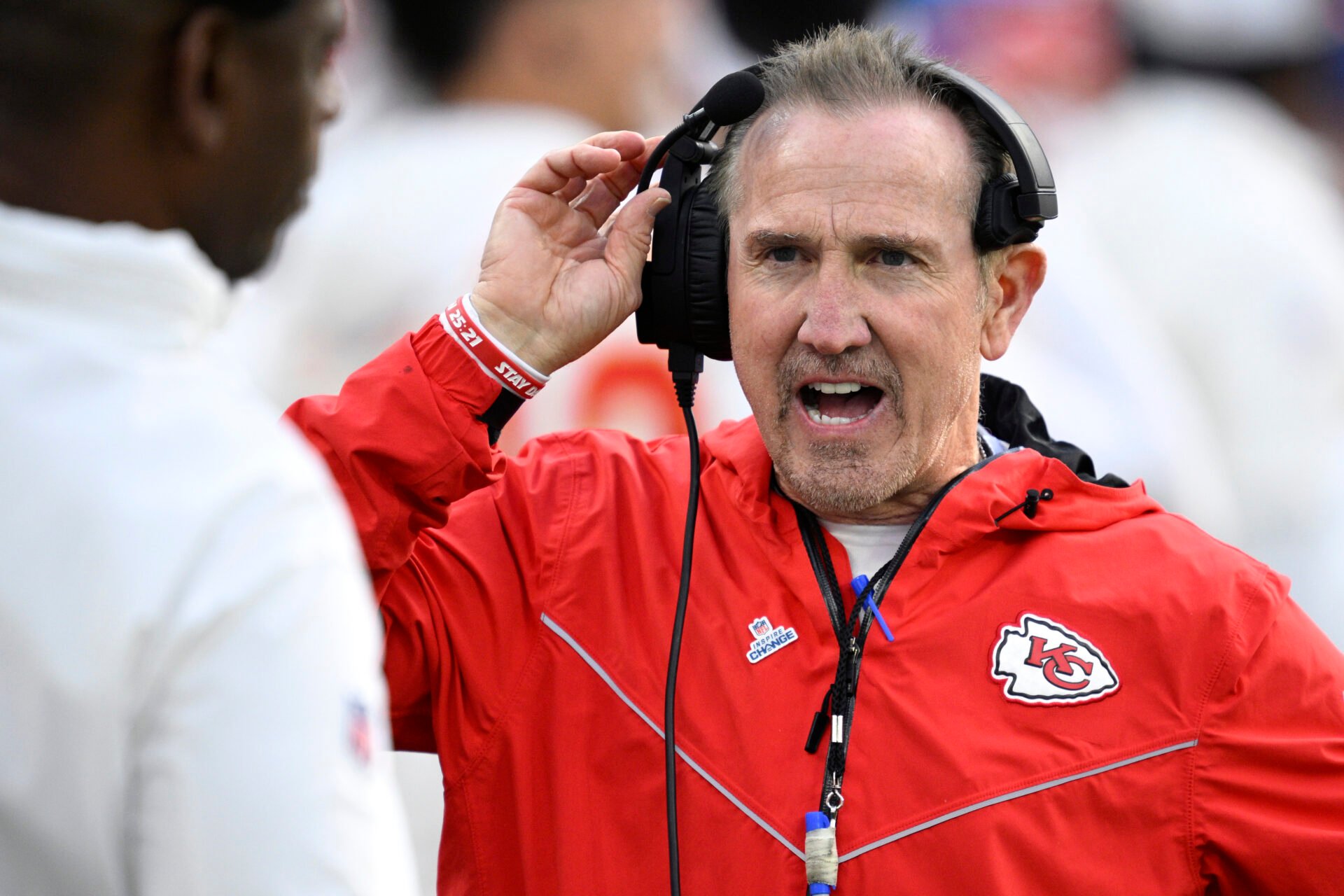 Jan 7, 2024; Inglewood, California, USA; Kansas City Chiefs defensive coordinator Steve Spagnuolo looks on during the first half against the Los Angeles Chargers at SoFi Stadium. Mandatory Credit: Orlando Ramirez-USA TODAY Sports