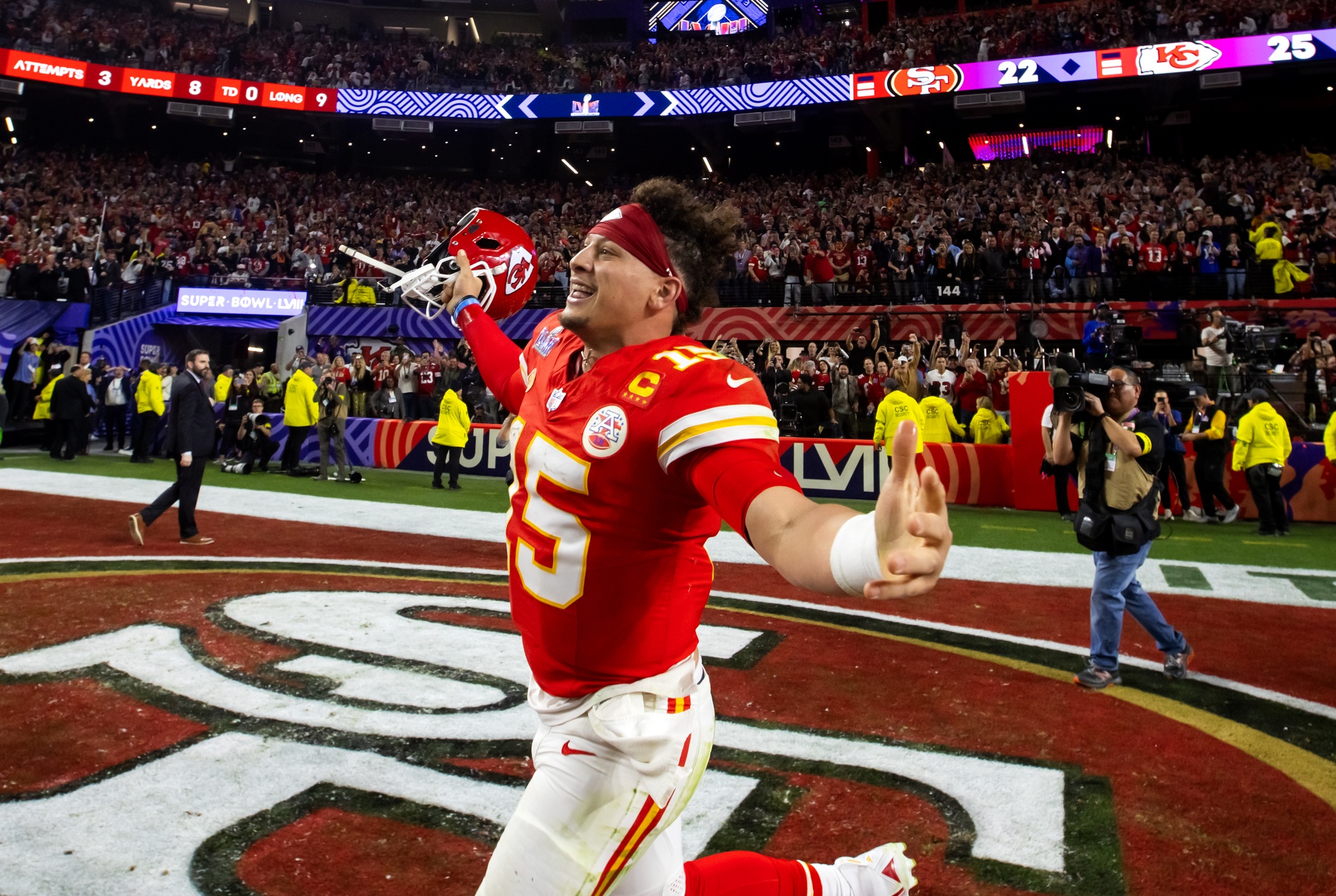 Kansas City Chiefs quarterback Patrick Mahomes (15) celebrates after defeating the San Francisco 49ers in overtime of Super Bowl LVIII at Allegiant Stadium.