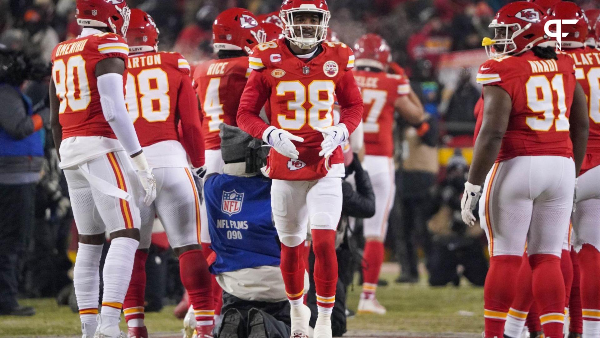 Kansas City Chiefs cornerback L'Jarius Sneed (38) is introduced against the Miami Dolphins prior to a 2024 AFC Wild Card game at GEHA Field at Arrowhead Stadium.