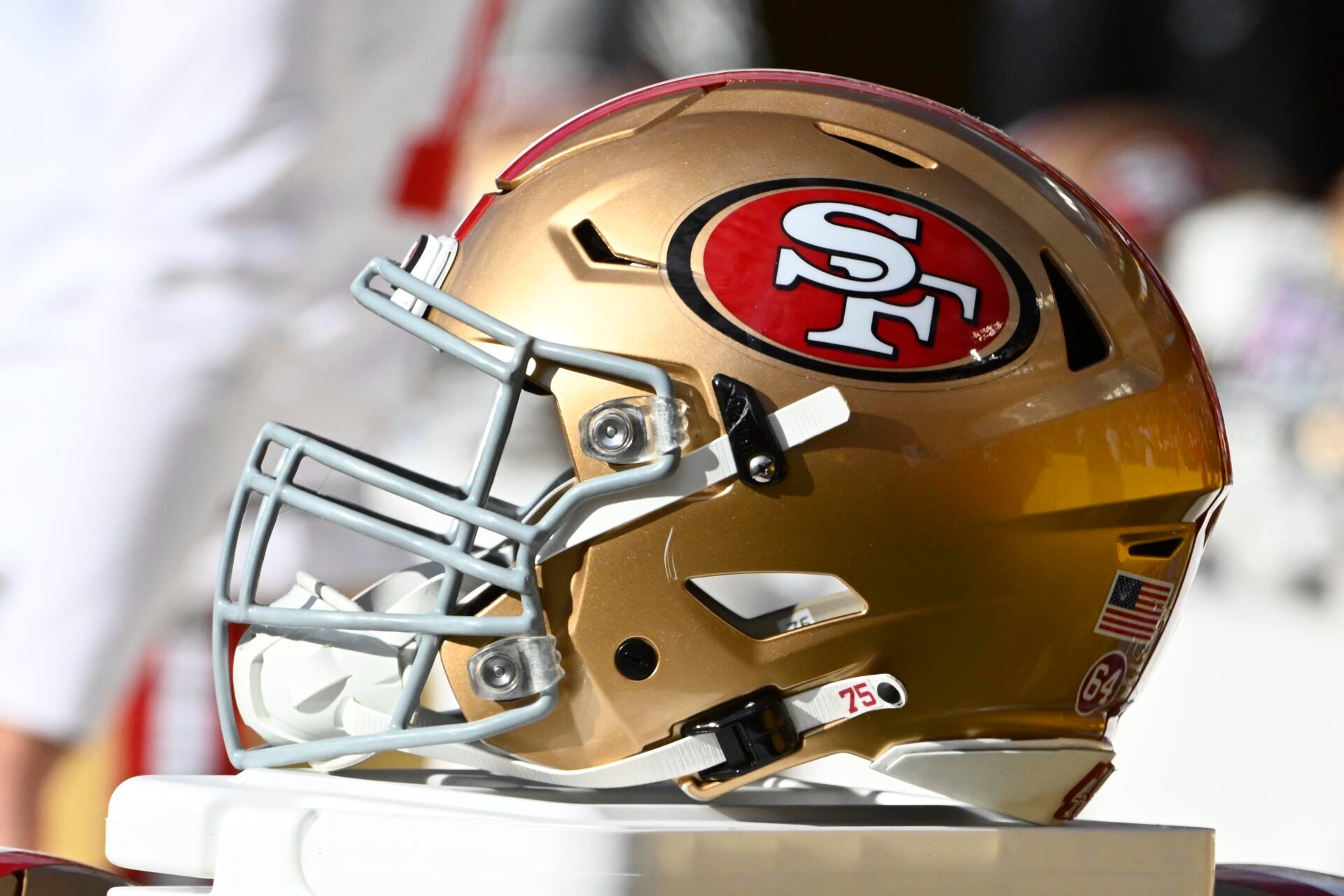 San Francisco 49ers helmet against the Washington Commanders during the first half at FedExField.