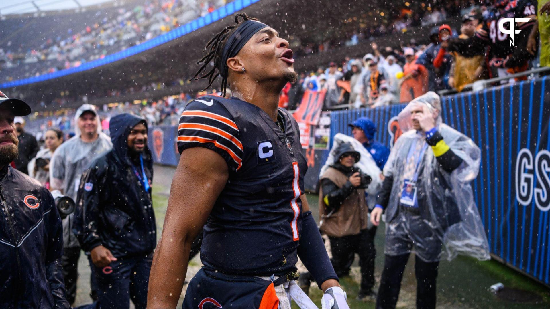 Chicago Bears quarterback Justin Fields (1) celebrates after a win against the San Francisco 49ers at Soldier Field.
