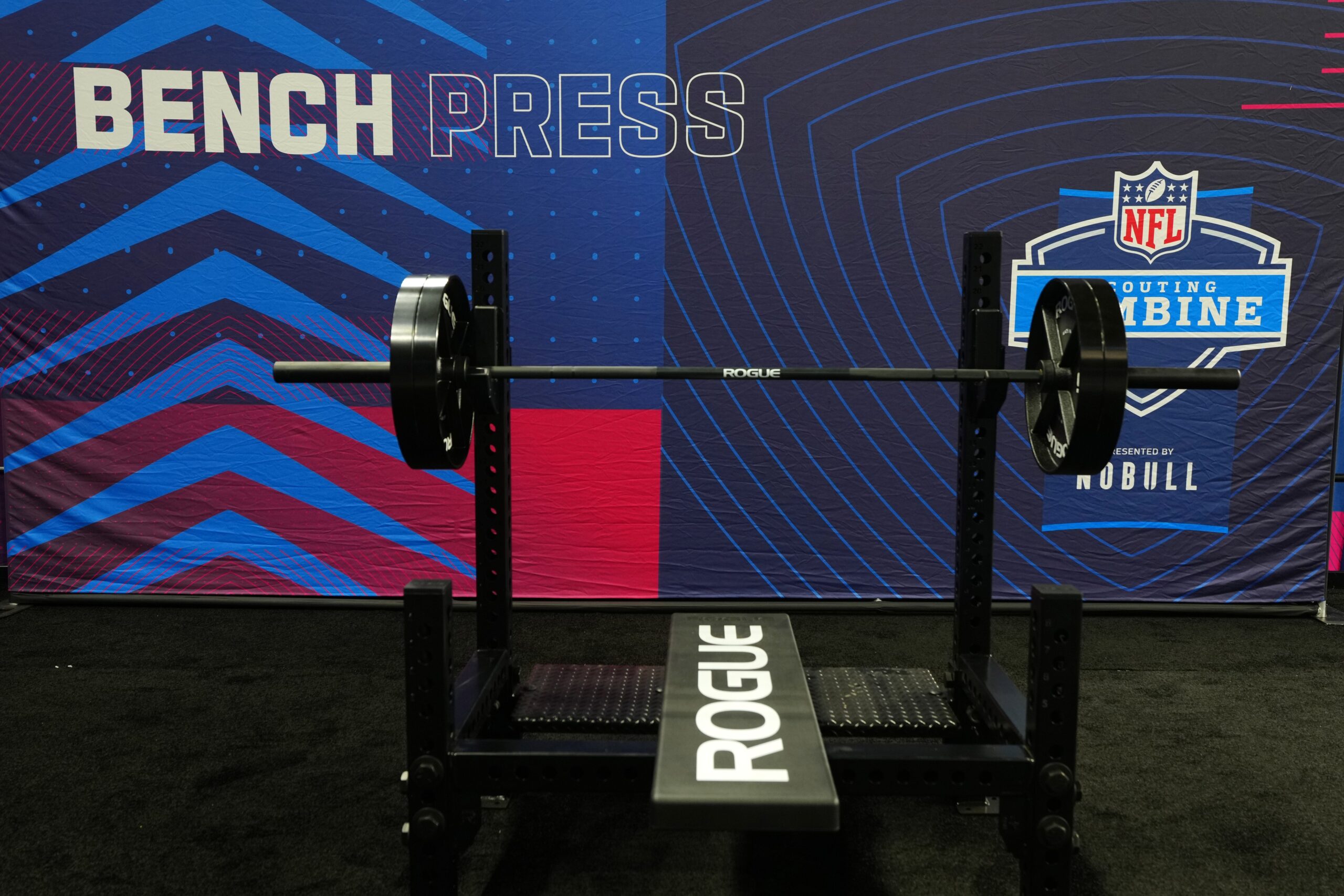 The bench press station for the 2024 NFL Scouting Combine at Lucas Oil Stadium.