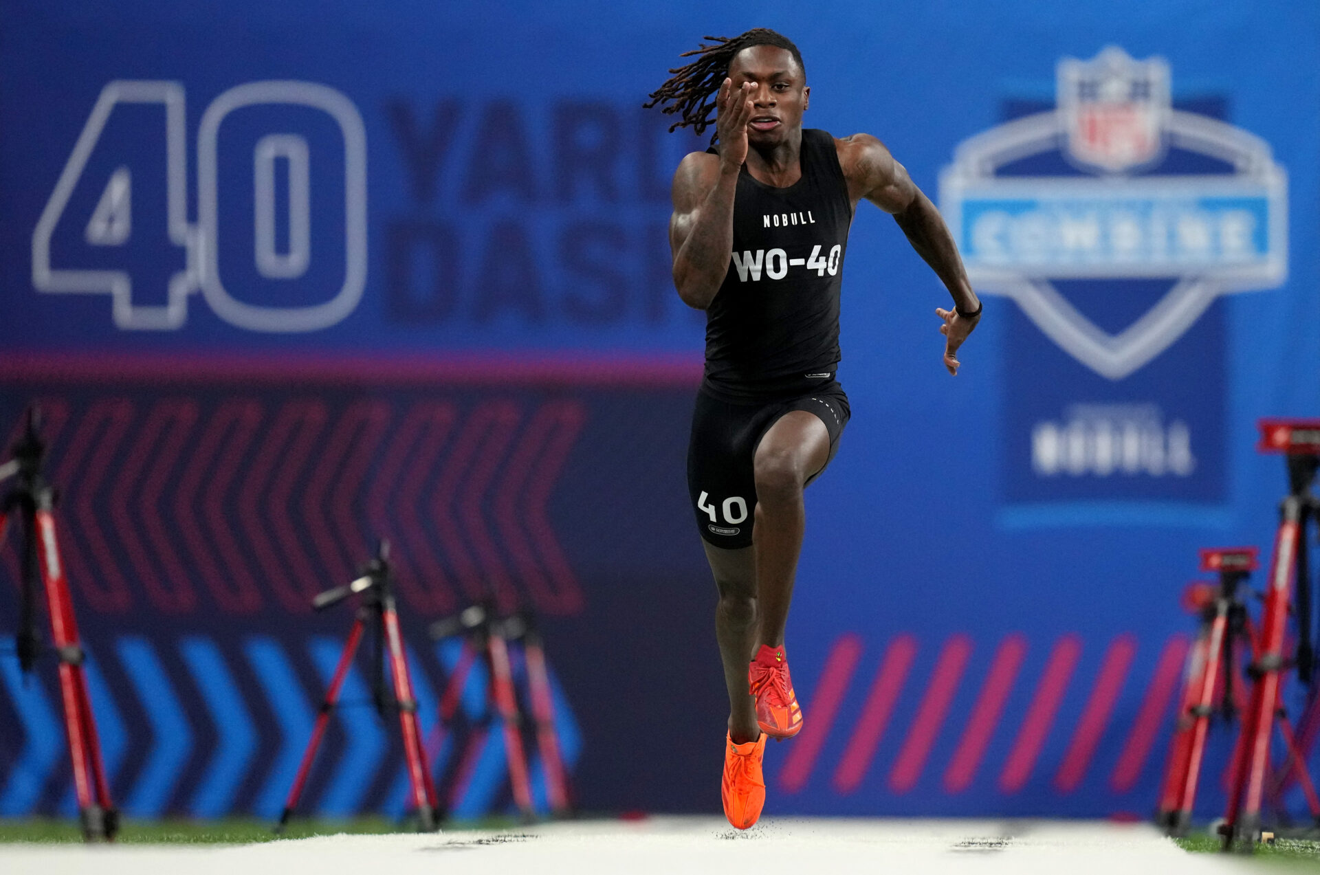 Mar 2, 2024; Indianapolis, IN, USA; Texas wide receiver Xavier Worthy (WO40) during the 2024 NFL Combine at Lucas Oil Stadium. Mandatory Credit: Kirby Lee-USA TODAY Sports
