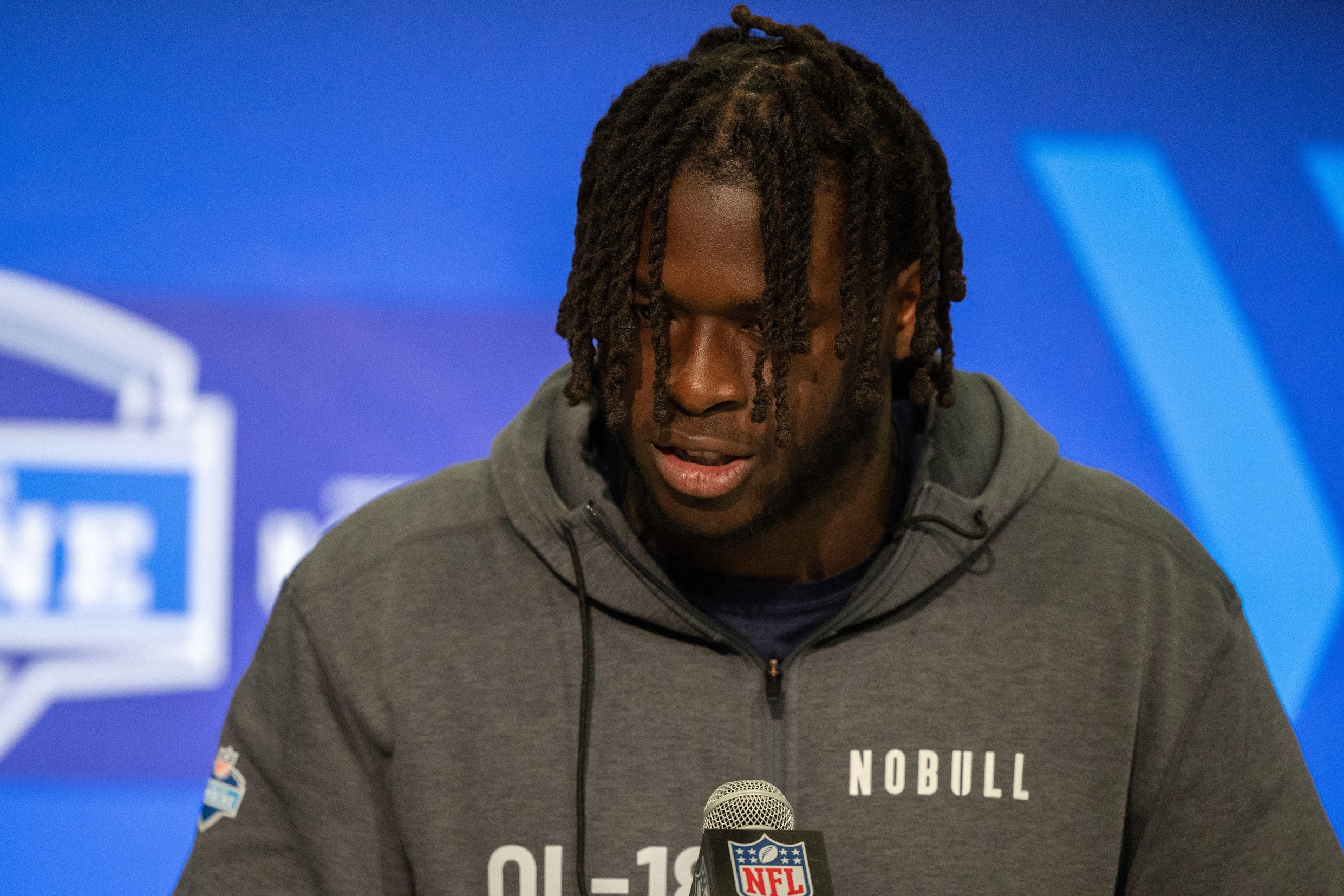 Penn State offensive lineman Olu Fashanu (OL18) talks to the media during the 2024 NFL Combine at Lucas Oil Stadium.