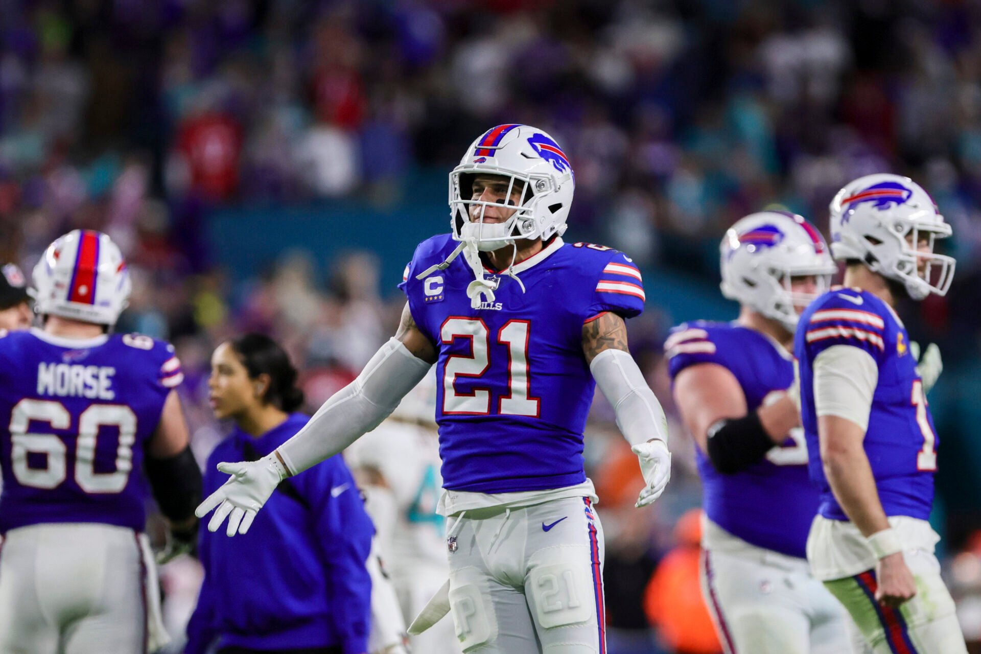 Buffalo Bills safety Jordan Poyer (21) celebrates after the game against the Miami Dolphins at Hard Rock Stadium.