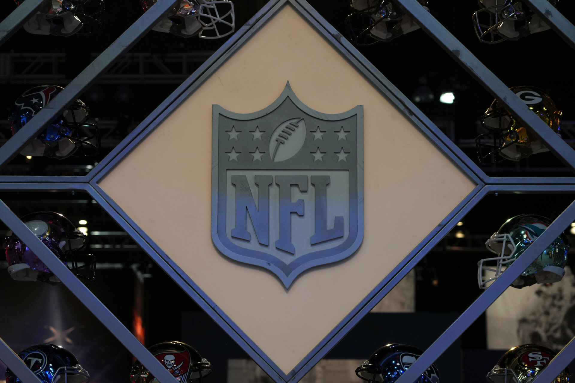 The NFL Shield logo is seen at the Super Bowl LVI Experience at the Los Angeles Convention Center.