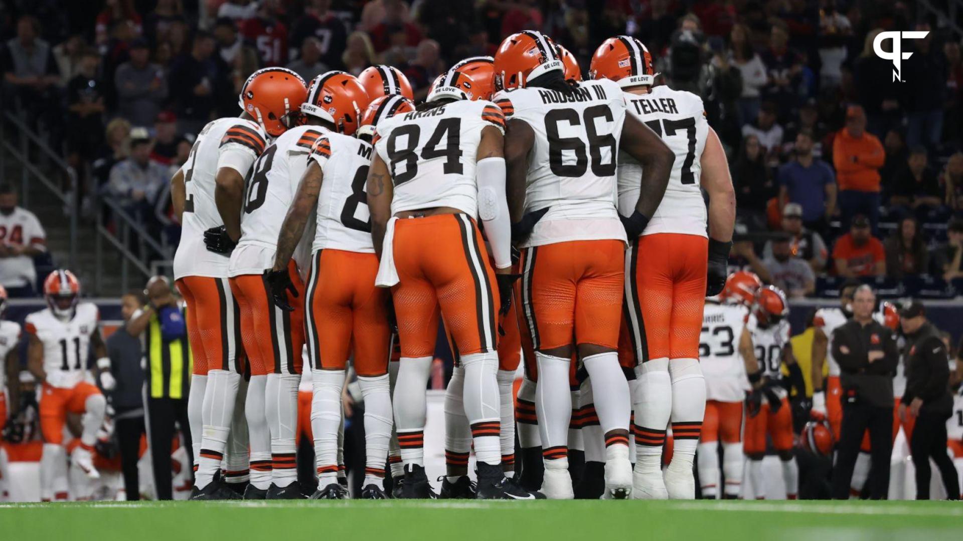 The Cleveland Browns huddle against the Houston Texans in a 2024 AFC wild card game at NRG Stadium.