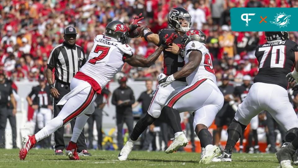 Tampa Bay Buccaneers linebacker Shaquil Barrett (7) forces a fumble by Atlanta Falcons quarterback Desmond Ridder (9) in the second quarter at Raymond James Stadium.