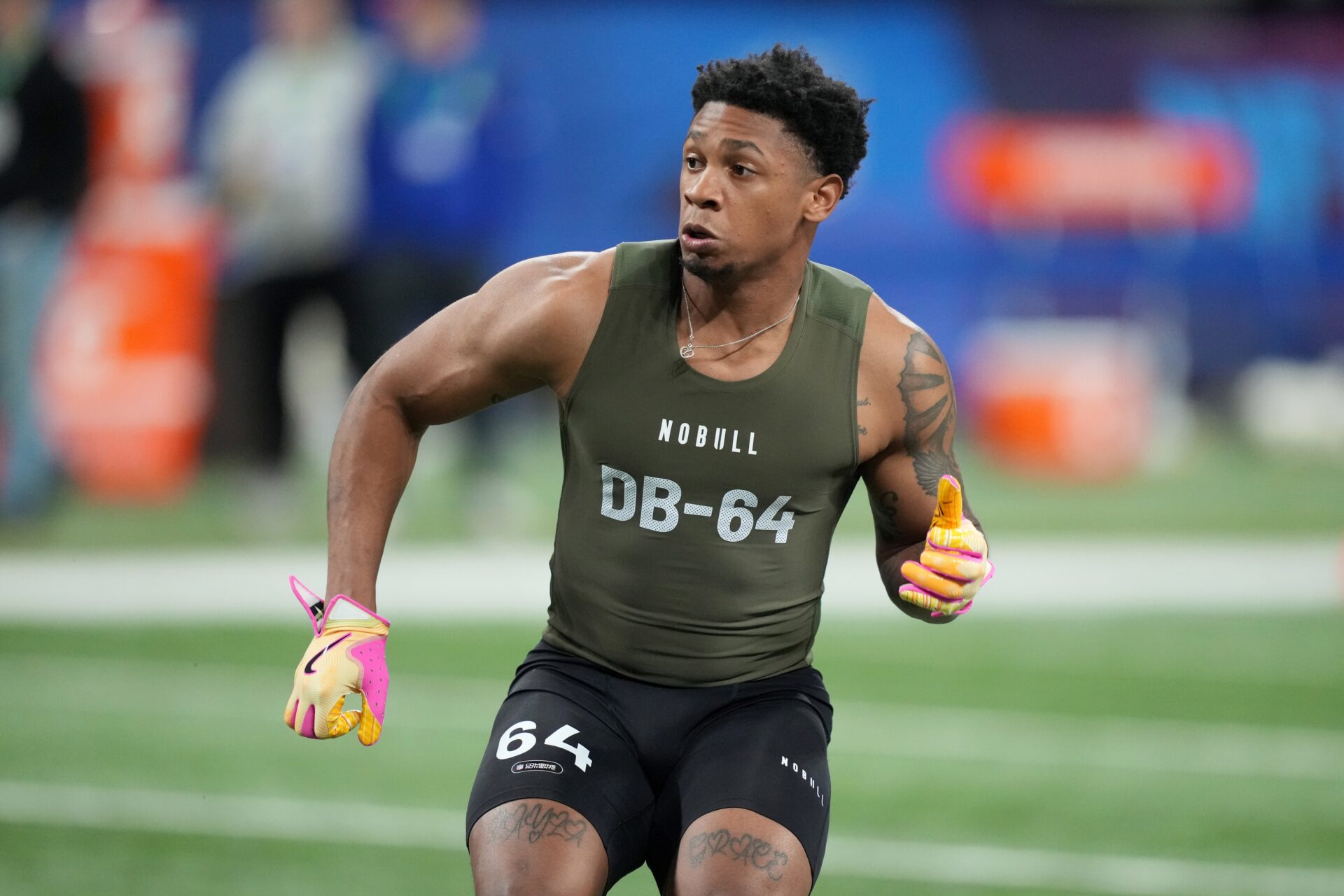 Texas Tech DB Dadrion Taylor-Demerson (DB64) works out during the 2024 NFL Combine at Lucas Oil Stadium.