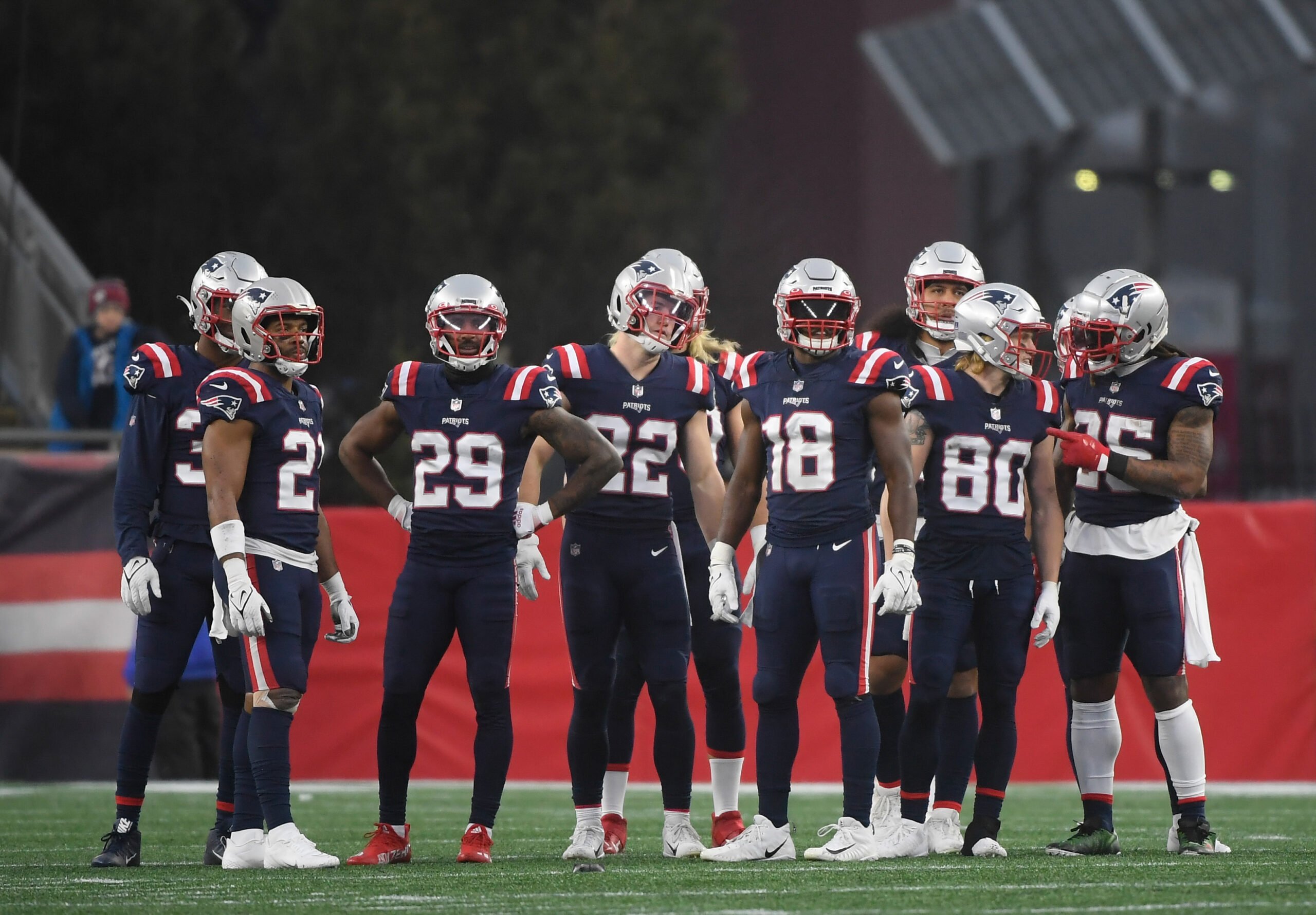 New England Patriots kickoff team wait for play to resume during the second half against the Jacksonville Jaguars at Gillette Stadium.