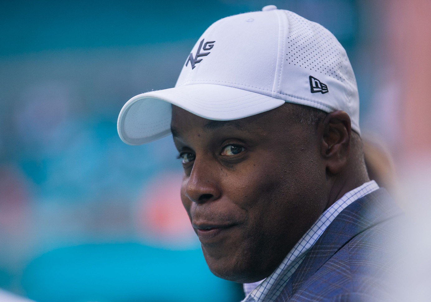 Miami Dolphins General Manager Chris Grier is seen on the sidelines prior to the start of the football game between the New York Jets and host Miami Dolphins at Hard Rock Stadium on Sunday, January 8, 2023, in Miami Gardens, FL.