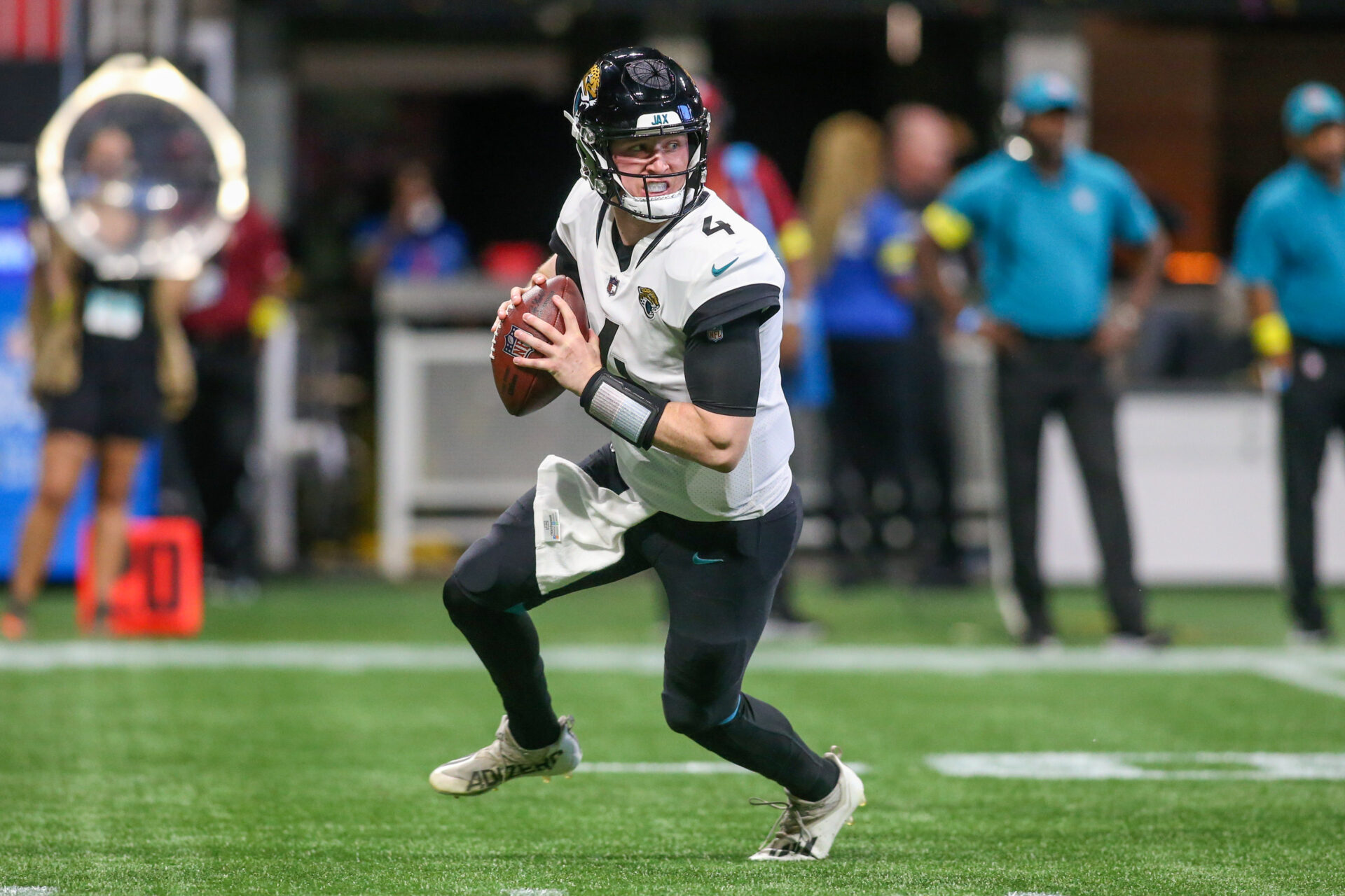 Jacksonville Jaguars quarterback E.J. Perry (4) against the Atlanta Falcons in the first half at Mercedes-Benz Stadium.
