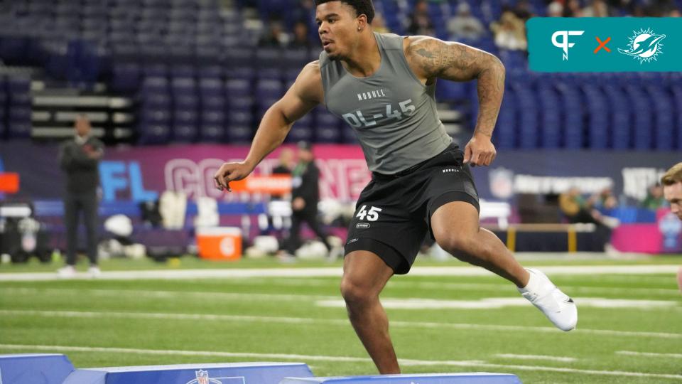 Penn State Nittany Lions DL Chop Robinson works out during the NFL Scouting Combine.