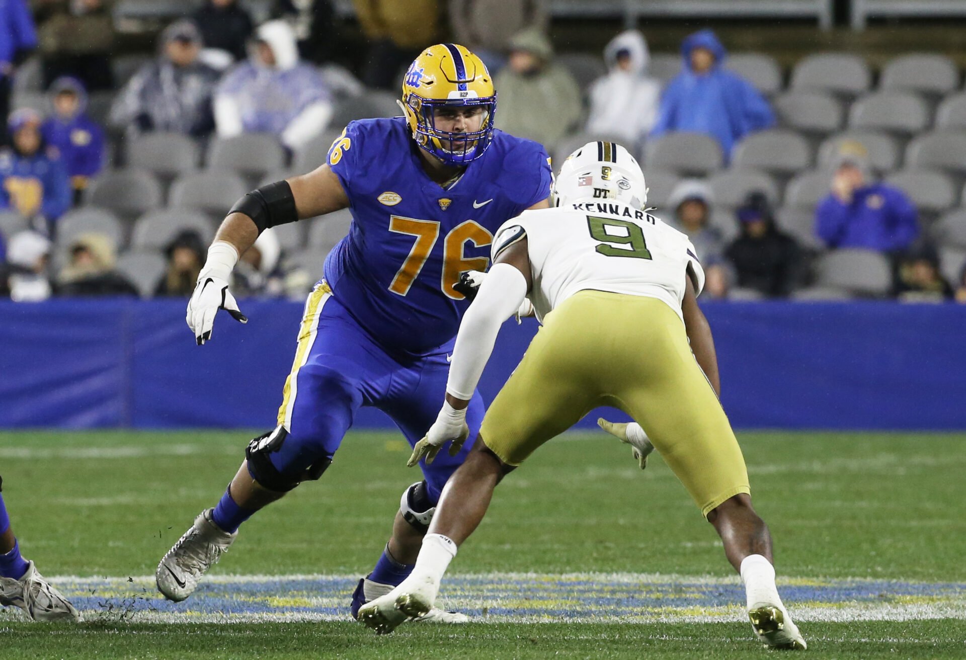 Pittsburgh Panthers offensive lineman Matt Goncalves (76) blocks at the line of scrimmage against Georgia Tech Yellow Jackets defensive lineman Kyle Kennard (9) during the second quarter at Acrisure Stadium.