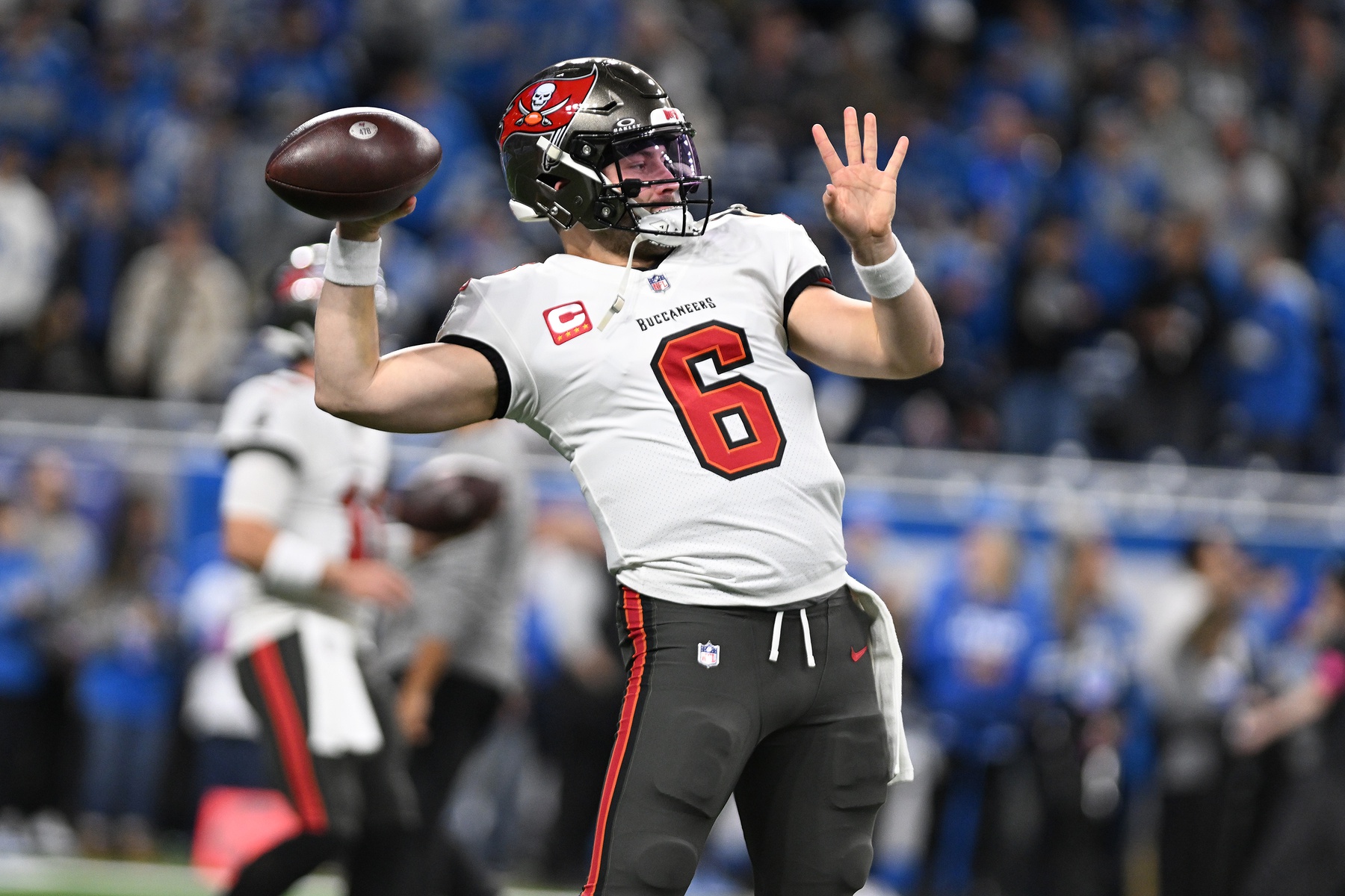 Tampa Bay Buccaneers quarterback Baker Mayfield (6) warms up before a 2024 NFC divisional round game against the Detroit Lions at Ford Field. Mandatory Credit: Lon Horwedel-USA TODAY Sports