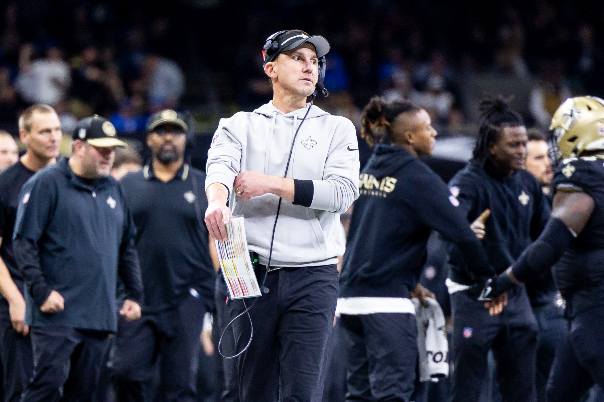 New Orleans Saints head coach Dennis Allen looks on against the Detroit Lions during the second half at the Caesars Superdome.
