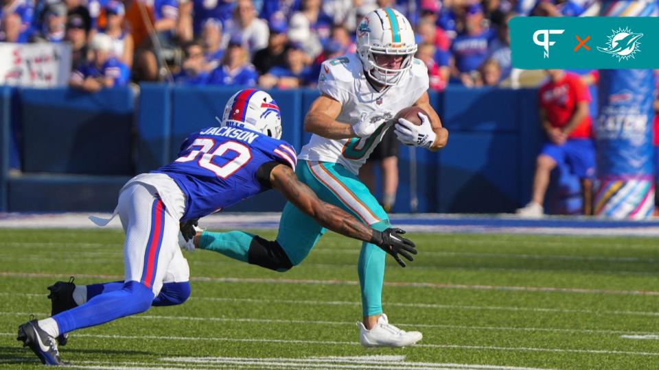 Miami Dolphins wide receiver Braxton Berrios (0) runs with the ball after making a catch against Buffalo Bills cornerback Dane Johnson (30) during the second half at Highmark Stadium.