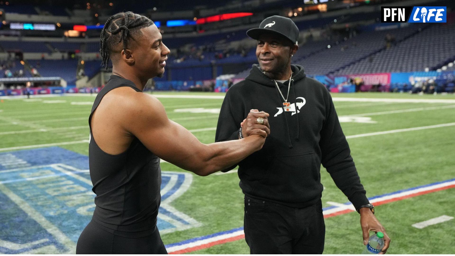 Southern California wide receiver Brenden Rice (WO25) and his father, NFL Hall of Fame player Jerry Rice during the 2024 NFL Combine at Lucas Oil Stadium. Mandatory Credit: Kirby Lee-USA TODAY Sports