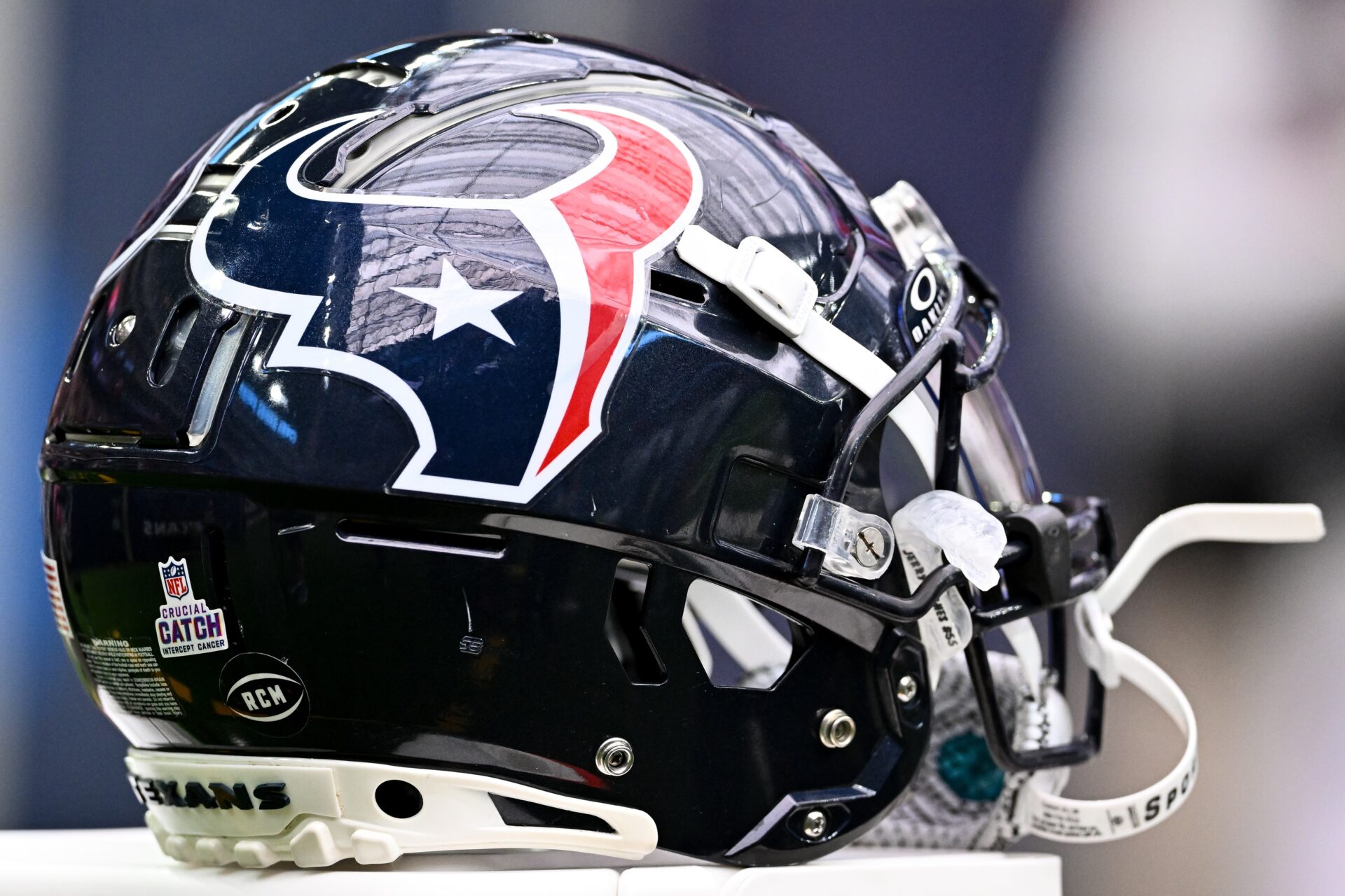 A detailed view of a Curcial Catch decal on a Houston Texans helmet on the sideline prior to the game against the New Orleans Saints at NRG Stadium.