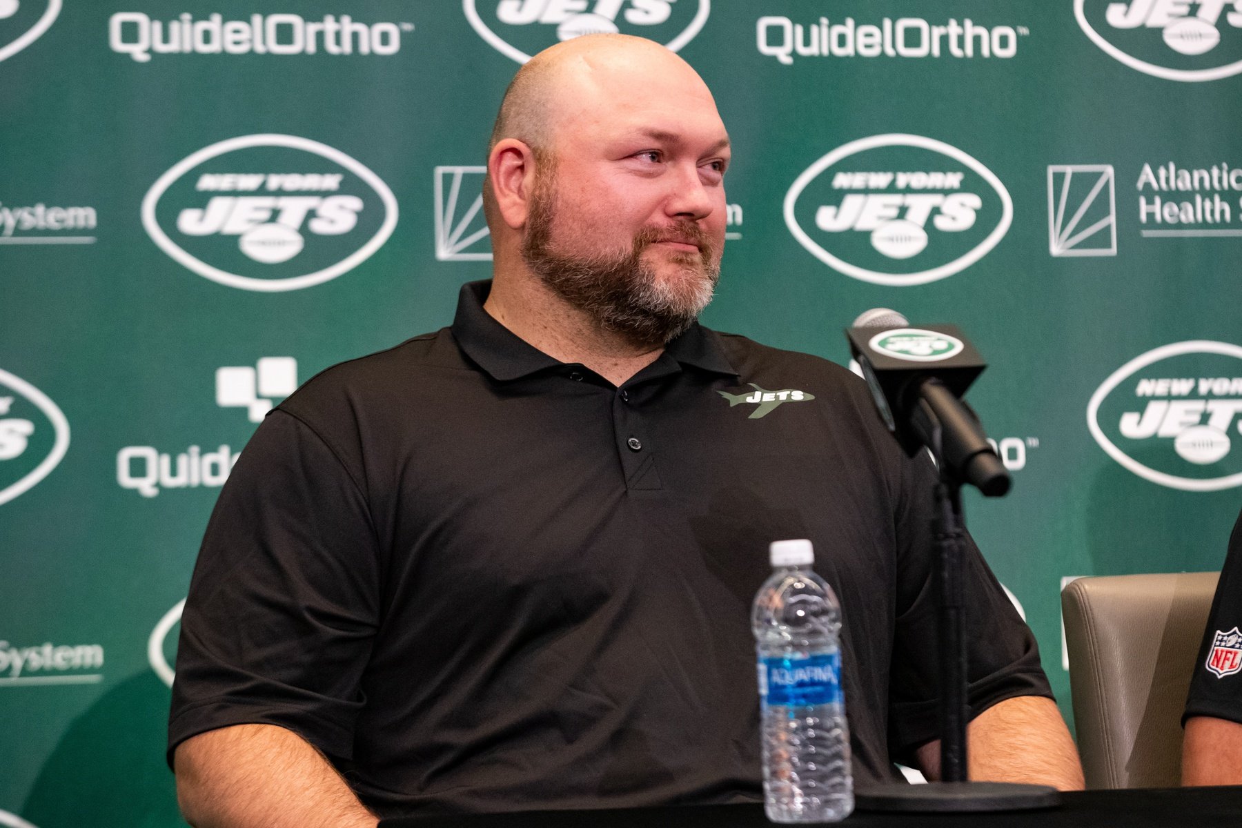 New York Jets general manager Joe Douglas addresses the media during the introductory press conference for quarterback Aaron Rodgers (8) (not pictured) at Atlantic Health Jets Training Center.