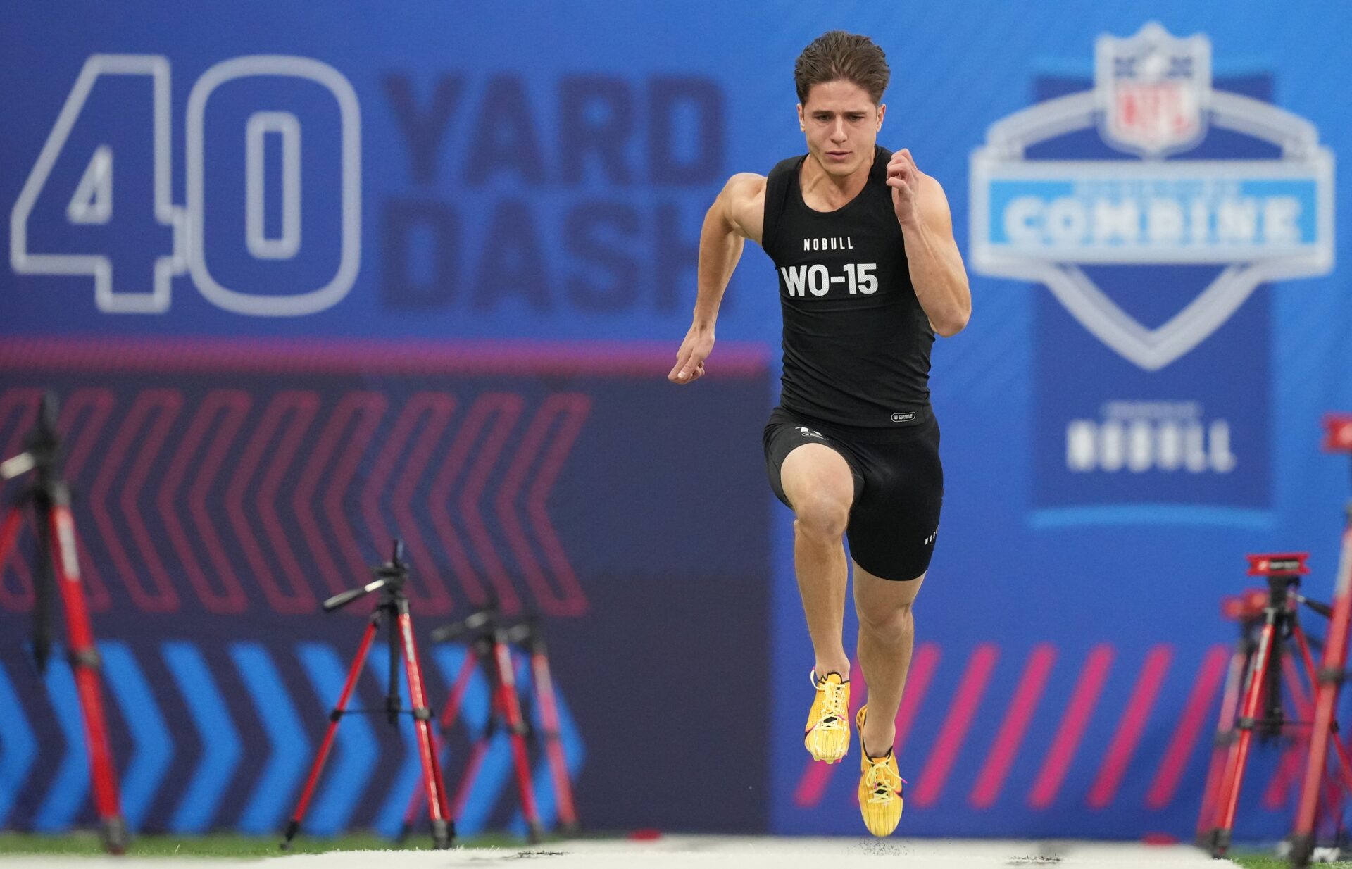 Rice wide receiver Luke McCaffrey (WO15) during the 2024 NFL Combine at Lucas Oil Stadium. Mandatory Credit: Kirby Lee-USA TODAY Sports
