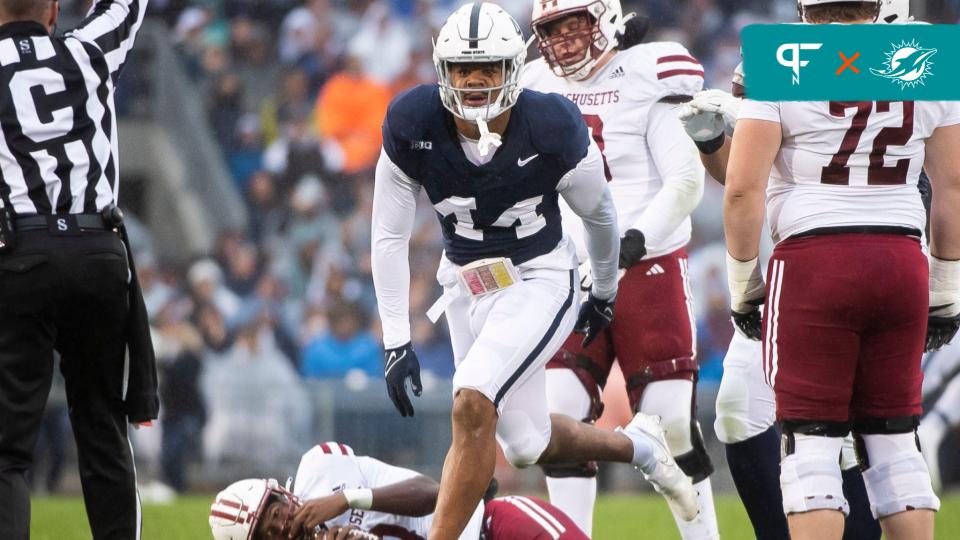 Penn State defensive end Chop Robinson (44) reacts after sacking Massachusetts quarterback Taisun Phommachanh in the first half of a NCAA football game Saturday, Oct. 14, 2023, in State College, Pa.