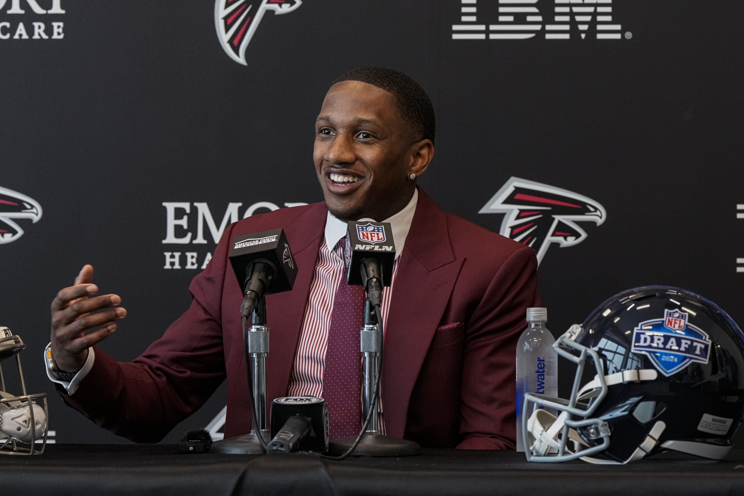 Atlanta Falcons first round draft pick quarterback Michael Penix Jr talks to the media at a press conference introducing him at the Falcons training complex.