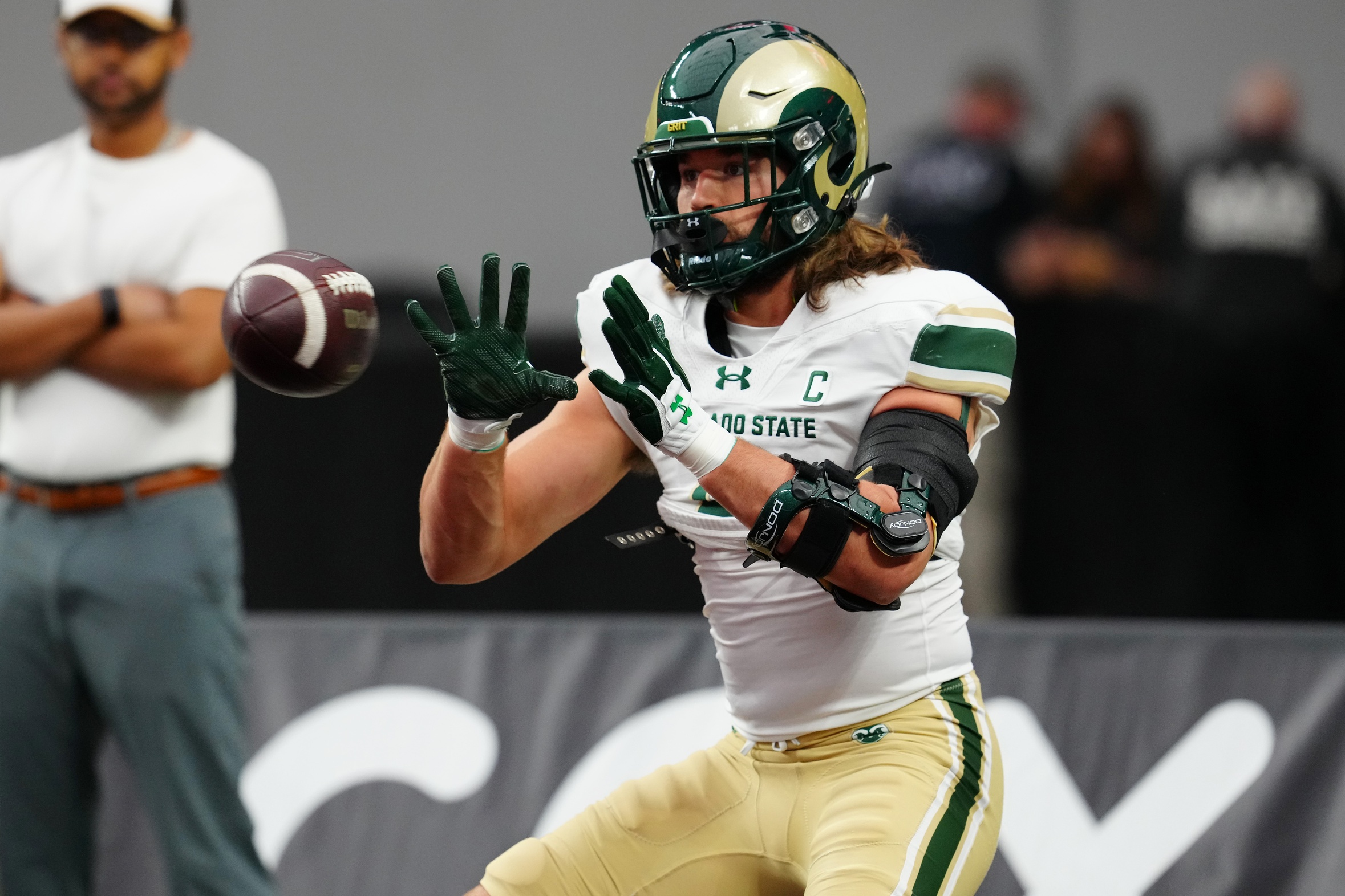 Colorado State Rams tight end Dallin Holker (5) warms up before a game against the UNLV Rebels at Allegiant Stadium. Mandatory Credit: Stephen R. Sylvanie-USA TODAY Sports