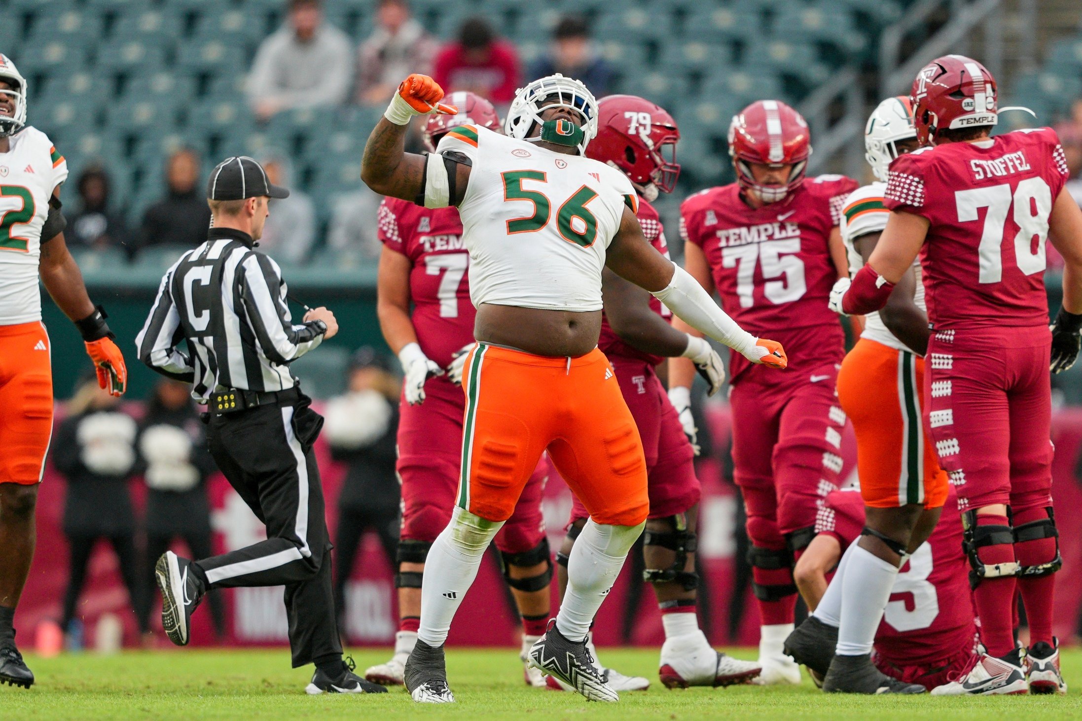Miami Hurricanes defensive lineman Leonard Taylor III (56) celebrates his sack in the second half against the Temple Owls at Lincoln Financial Field.