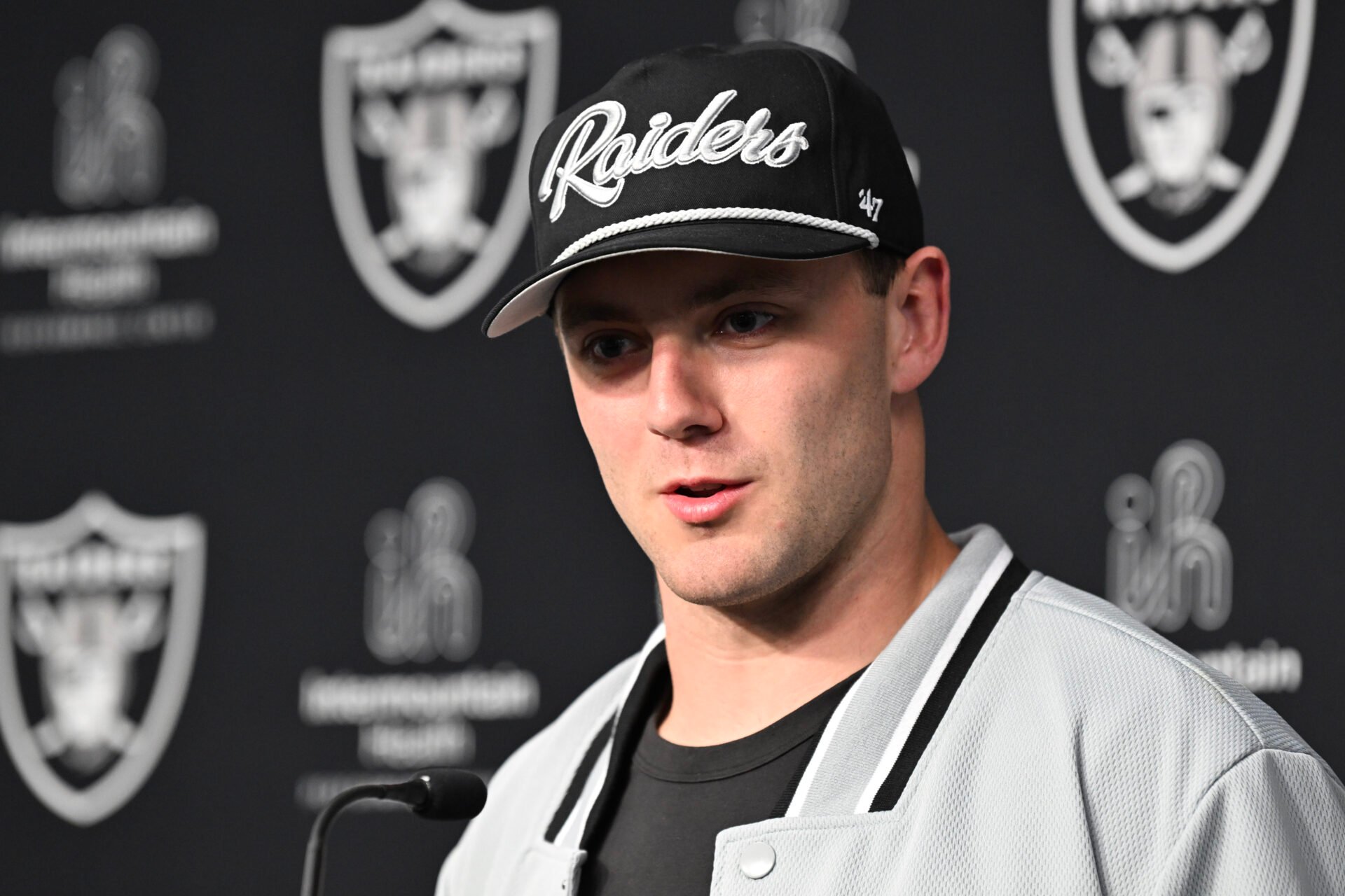 Las Vegas Raiders tight end Brock Bowers speaks to the media at Intermountain Health Performance Center in Henderson, NV.