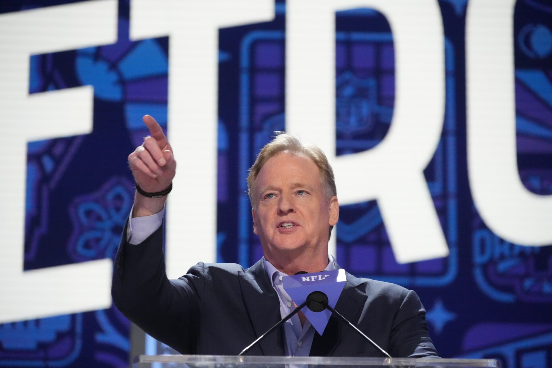 NFL Commissioner Roger Goodell addresses the crowd during the 2024 NFL Draft at Campus Martius Park and Hart Plaza. Mandatory Credit: Kirby Lee-USA TODAY Sports