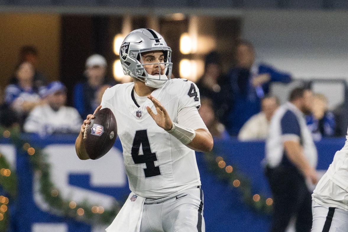 Las Vegas Raiders quarterback Aidan O'Connell (4) passes the ball in the first half against the Indianapolis Colts at Lucas Oil Stadium. Mandatory Credit: Trevor Ruszkowski-USA TODAY Sports