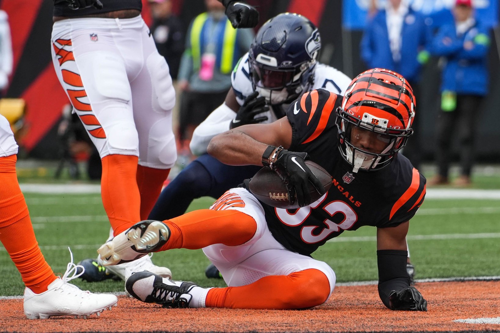 Cincinnati Bengals wide receiver Tyler Boyd (83) scores Cincinnati's first touchdown during their game against the Seattle Seahawks at Paycor Stadium on Sunday October 15, 2023. Bengals were up 14-10 at halftime.