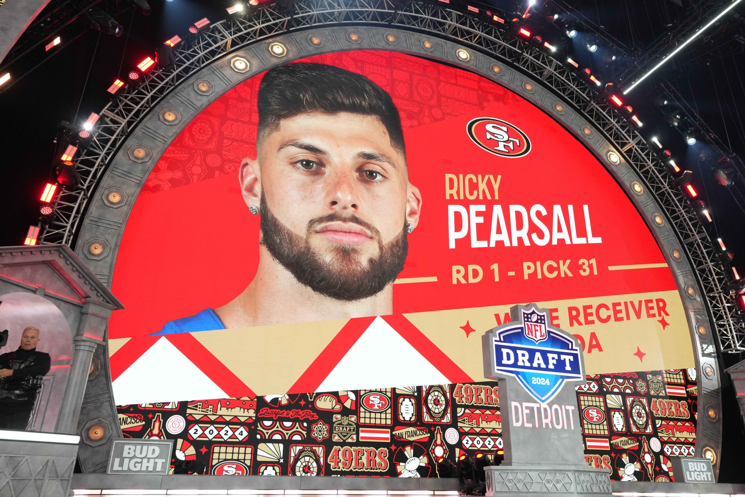 Florida Gators wide receiver Ricky Pearsall is selected as the No. 31 pick of the first round by the San Francisco 49ers during the 2024 NFL Draft at Campus Martius Park and Hart Plaza.