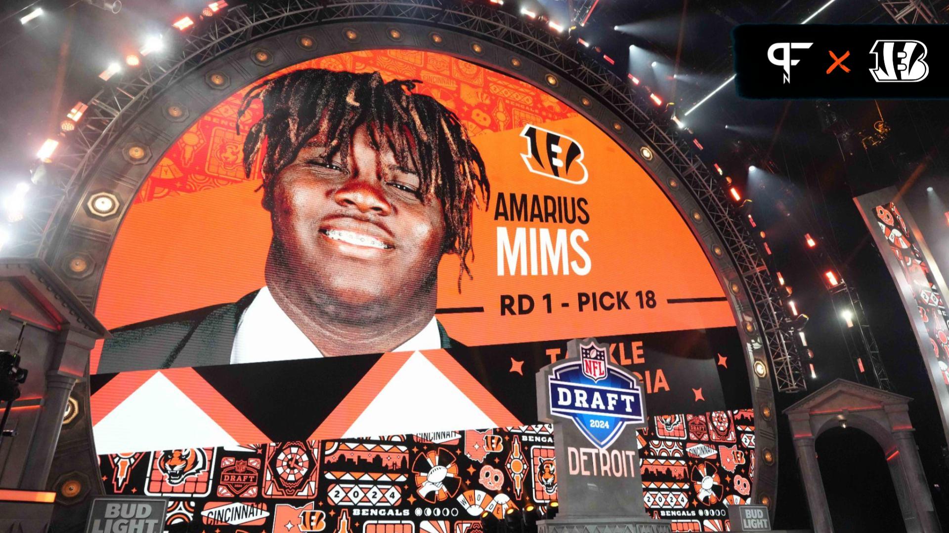 Georgia Bulldogs tackle Amarius Mims is selected as the No. 18 pick of the first round by the Cincinnati Bengals during the 2024 NFL Draft at Campus Martius Park and Hart Plaza.