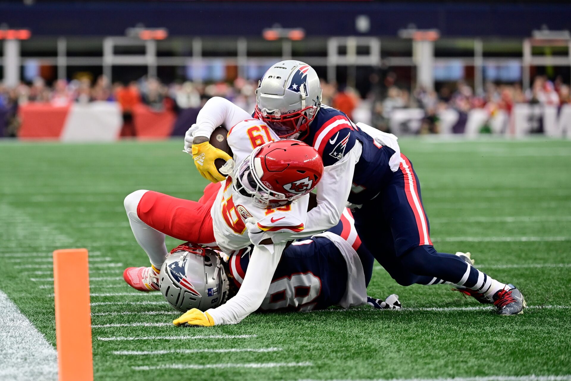Kansas City Chiefs wide receiver Kadarius Toney (19) is tackled short of the endzone during the first half against the New England Patriots at Gillette Stadium.