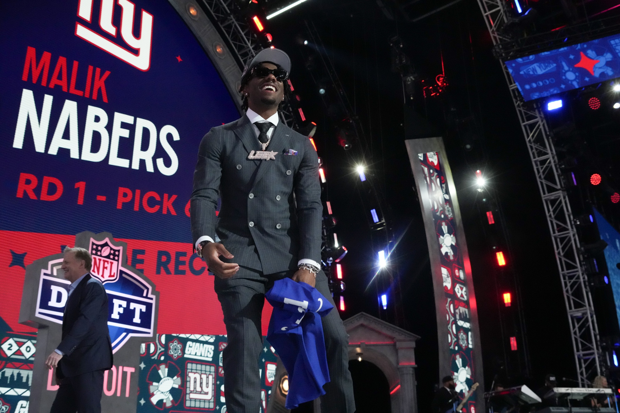 LSU Tigers wide receiver Malik Nabers reacts after being selected by the New York Giants as the No. 6 pick in the first round of the 2024 NFL Draft at Campus Martius Park and Hart Plaza. Mandatory Credit: Kirby Lee-USA TODAY Sports