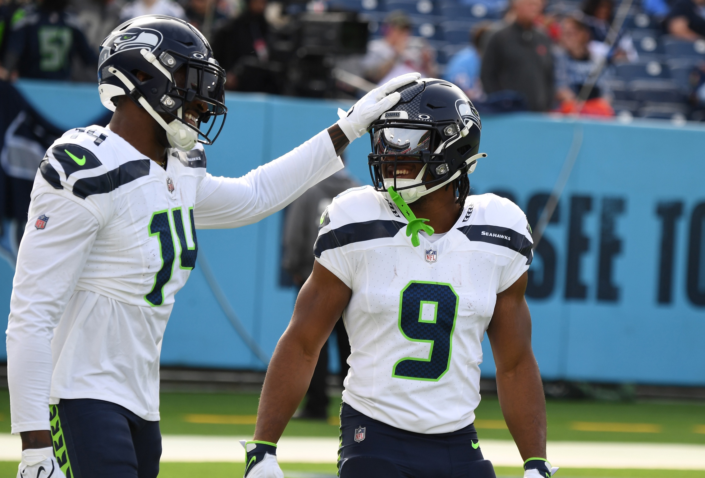 Seattle Seahawks wide receiver DK Metcalf (14) and running back Kenneth Walker III (9) before the game against the Tennessee Titans at Nissan Stadium. Mandatory Credit: Christopher Hanewinckel-USA TODAY Sports
