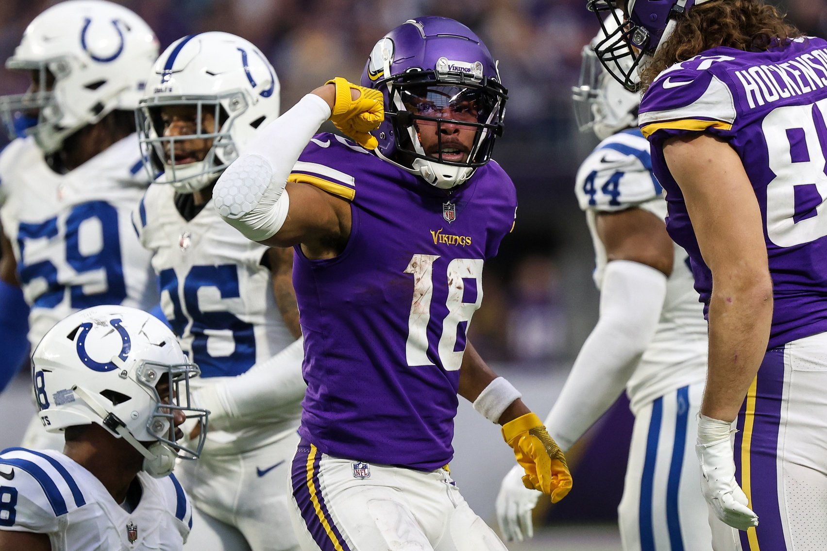 Minnesota Vikings wide receiver Justin Jefferson (18) reacts to his catch during the fourth quarter against the Indianapolis Colts at U.S. Bank Stadium. Mandatory Credit: Matt Krohn-USA TODAY Sports