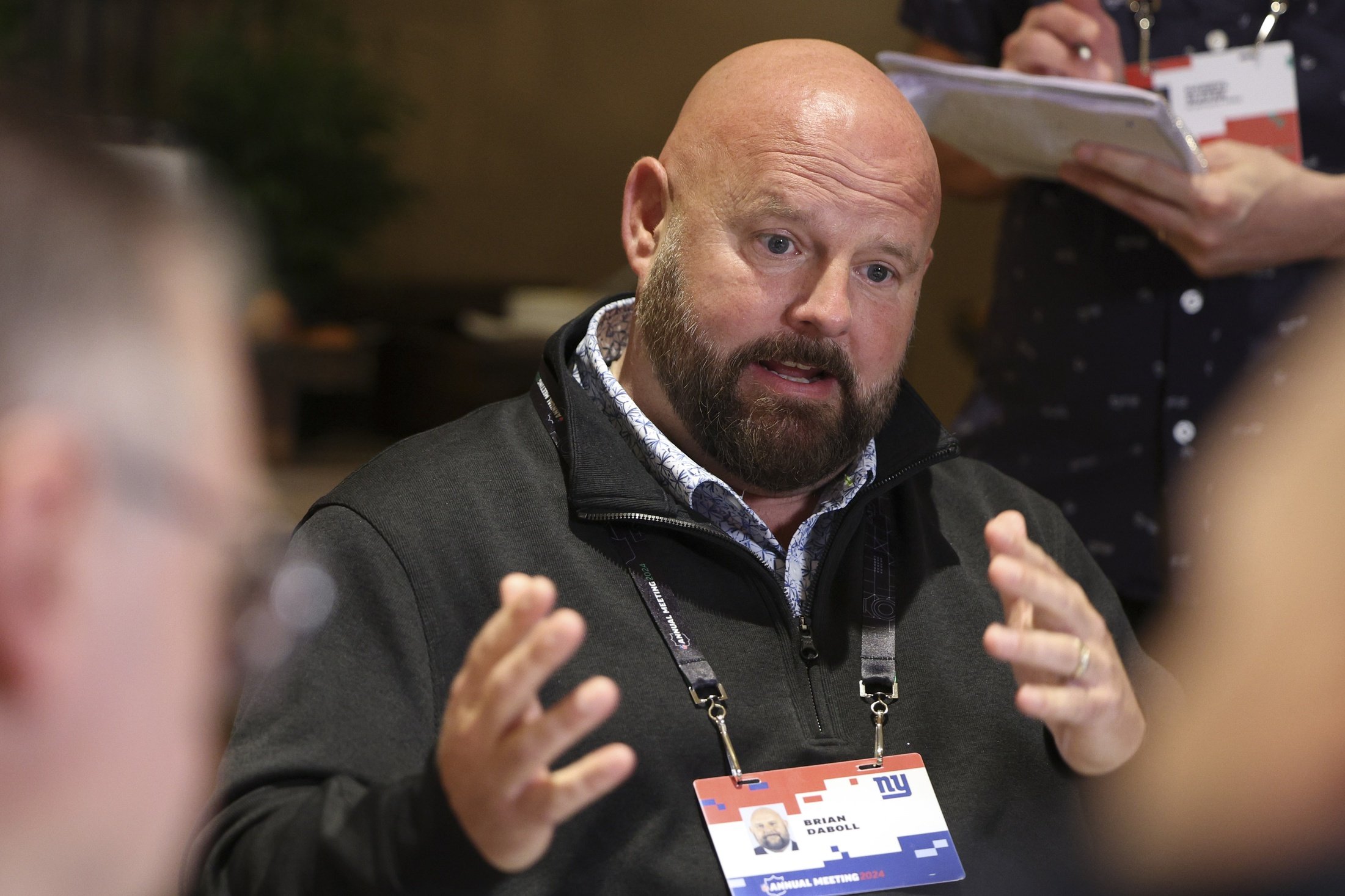 New York Giants head coach Brian Daboll speaks to the media at the NFL Annual League Meetings in Orlando.